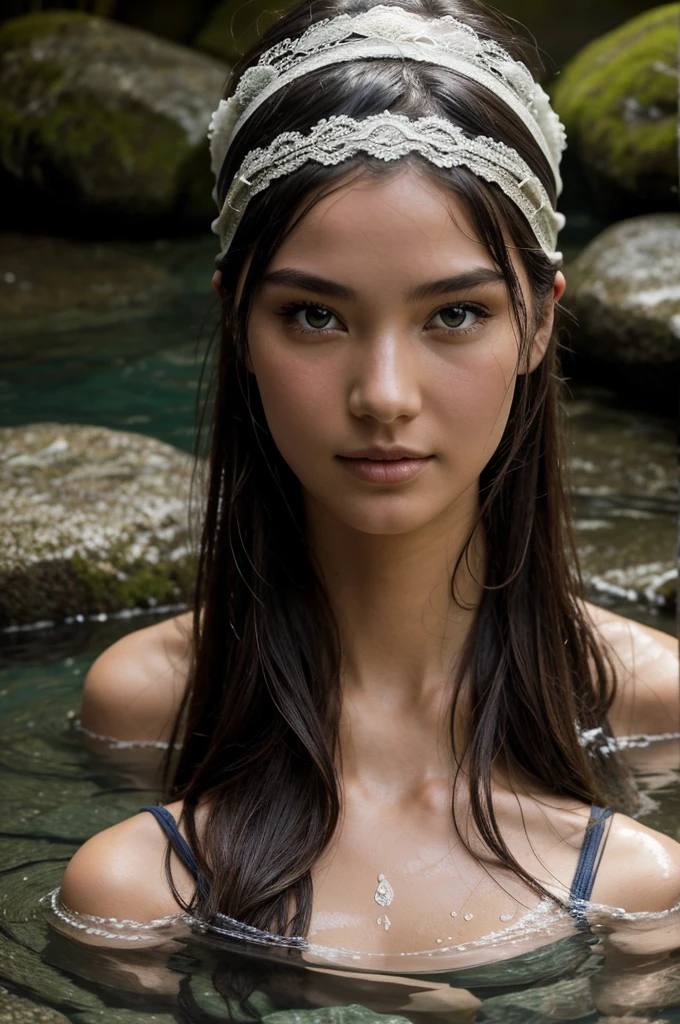 Best Quality, masterpiece, super high resolution, A super model submerged in hot springs in Japan., outdoor hot springs, stone hot springs, surrounded by moss and trees, super beautiful face, pure body, clear pores visible, (smile:0.8), using division (lace headband:1.2), (Realism:1.5), Photo original, soaked body, covered in sweat, bare shoulders, In the dark, deep shadows, low-key, cold light