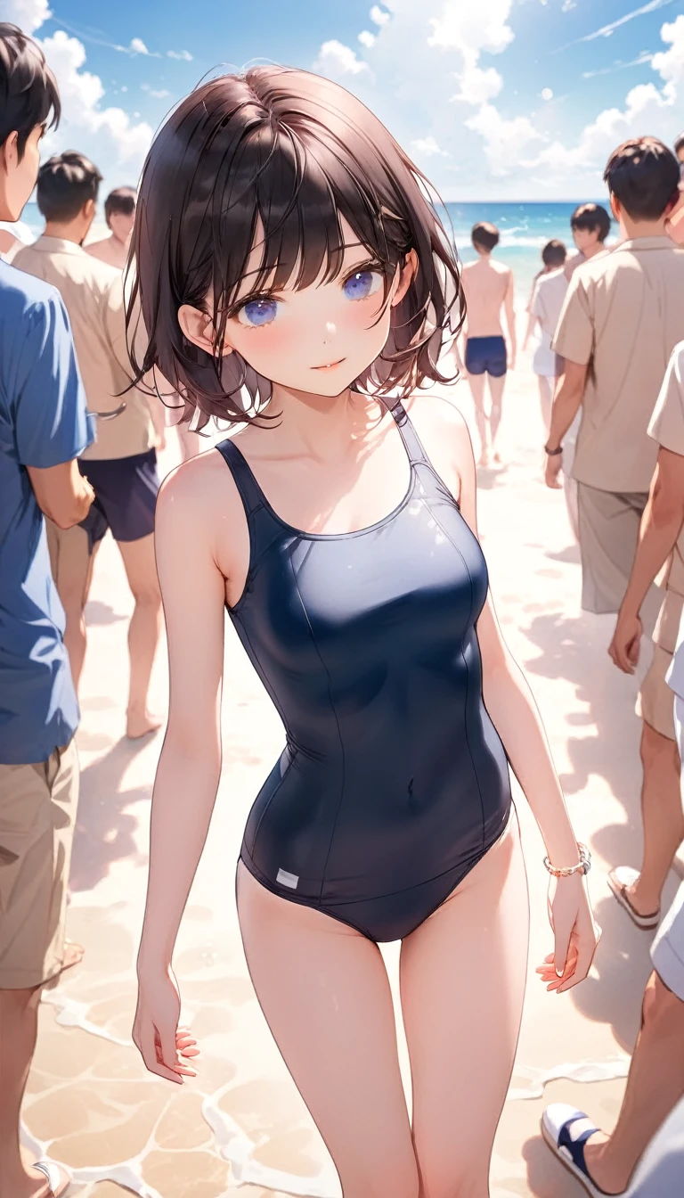 高いquality illustration, masterpiece, Very delicate and beautiful, Attractive girl,(School Swimsuit、紺色School Swimsuit、旧型School Swimsuit), Audience reaction,thin,Slender body,slim,Beach、beach、Ocean、Crowd in swimsuits、Surrounded by men in swimsuits,Beautiful Eyes,(masterpiece, Highest quality:1.2), High res, Very detailed CG ユニティ 8k 壁紙, Perfect lighting, colorful, Ultra-high res,4K,Very detailed, photograph, 8k, High resolution,Cowboy Shot,Very young、blush、(walk)、Black Hair、Short Hair