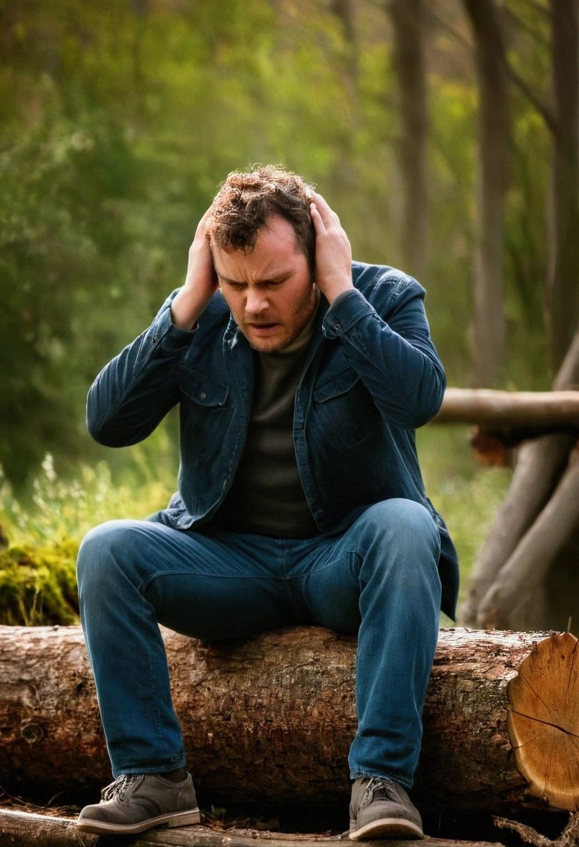 (Photography) Desperate and tired man, He is sitting on a wooden log with his hands on his head, (detailed),Sony A7iii, lente 50mm, full detail, expression of defeat, frustration, shout, 