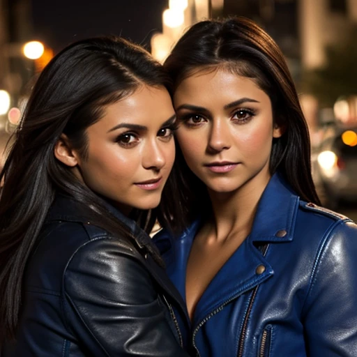 Best quality, realistic, from the front in first person, Nina Dobrev on the street of Los Angeles, (a female mexican Supermodel), (sexy blue leather jacket:1.1), split, seductive smile, (dark hair), (hairstyle:1.0), Perfect eyes, sharp parts, detailed face, face-makeup, cheeks turn red, Eyeliner, eyeshadow, lip gloss, Supermodel, (Deep Focus), (hard lighting), (Night time), (realistic lighting:1.0) (( Two lesbians))