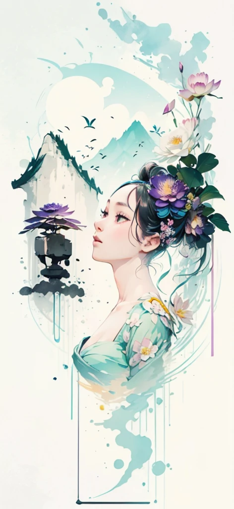 (Art by Numbers,Inks and washes:1.2),Nobody, Mountain々, wood, Rivers,Flowers,Lotus flower,Purple Flower,沢Mountainの花(Oriental elements, Chinese colors, Senior Color Matching), (3D sculpture,Rendering with Octane,Volumetric Light,Natural soft light,), (Very delicate:1.2, Losing focus:1.2, Very colorful, Cinema Lighting, Chiaroscuro,Ray Tracing), masterpiece, Super rich,Very detailed,8k, Zurrison_style_wonderful_wall