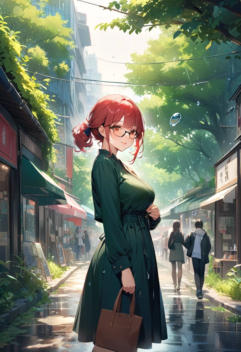 Highest quality、High resolution、Detailed Background、Artistic、mysterious、Beautiful face in every detail、Highly detailed face、Teenage beauty、Huge breasts、Perfect body line、Glasses、Light color hair、Bobcut、ponytail、Wavy Hairstyle、well-groomed eyebrows、A big smile、smile、Cityscape after the rain、
On the asphalt after the rain、Fresh green leaves are reflected、高層ビルの谷間にwood々The leaves sway as if taking a deep breath.、The rhythm of the raindrops changes into the chirping of birds, and the whole town becomes lively.、It&#39;s like a green oasis has appeared in the city&#39;s concrete jungle.、
The young leaves shine against the backdrop of the buildings, adding color to the urban landscape.、The air after the rain is cool and comfortable、The steam rising from the asphalt mixes with the refreshing scent of new green leaves.、Reflected in the windows of a skyscraper、雨上がりの空と緑のwood々It&#39;s vivid to the eye、
The hustle and bustle of the city is enveloped in the chirping of birds and the murmuring of streams.、It sounds somehow nostalgic、
wood々The sound of raindrops running down the leaves and the sound of feet walking on the wet road create a pleasant rhythm.、
The cityscape shines as if it has been reborn.、
My heart, which had been feeling suffocated, felt a great sense of relief when I saw this scenery.、
You can feel the power of nature even in the hustle and bustle of the city.、cute