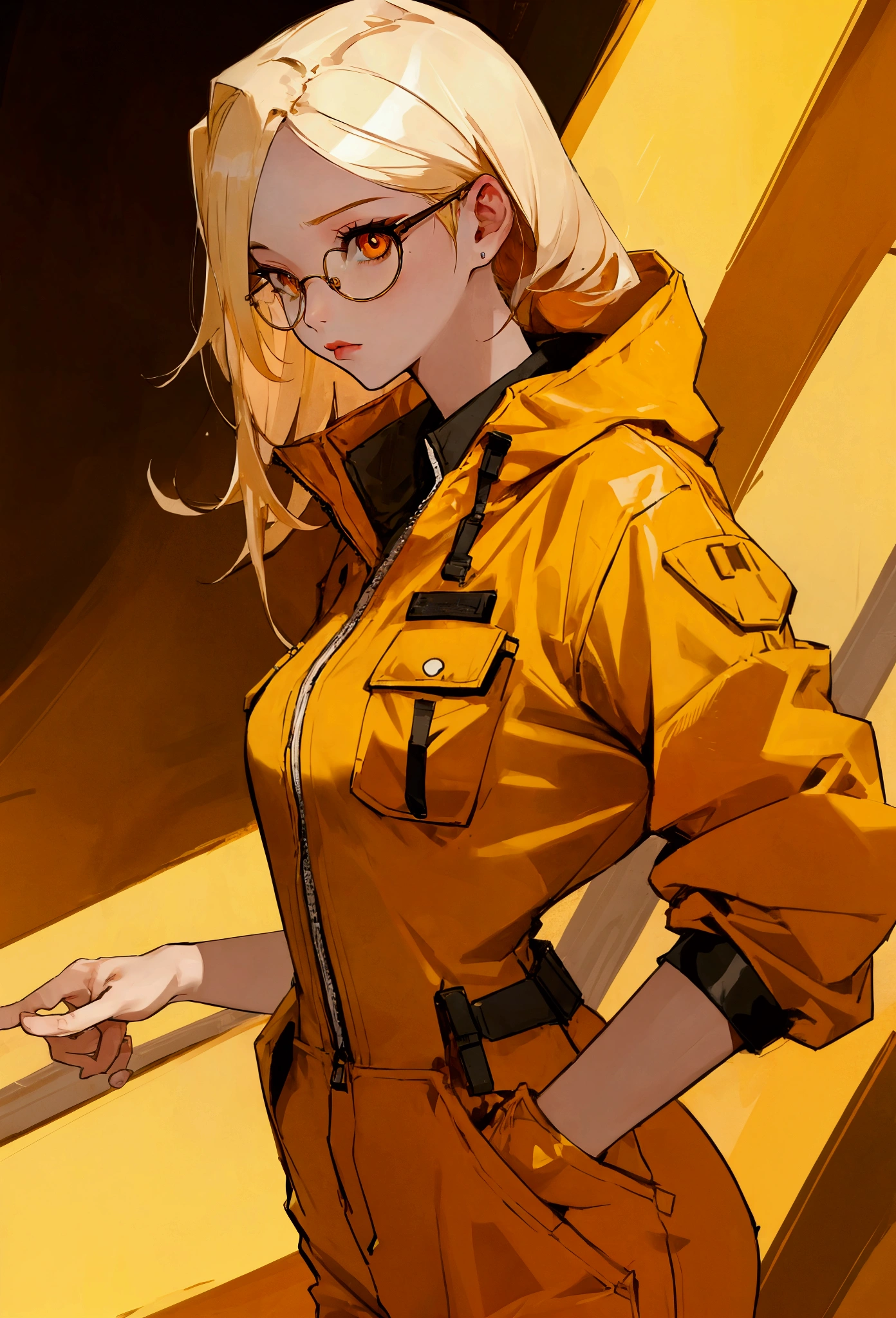 Female, Young adult, Blond Hair, Orange Eyes, Glasses, jumpsuit