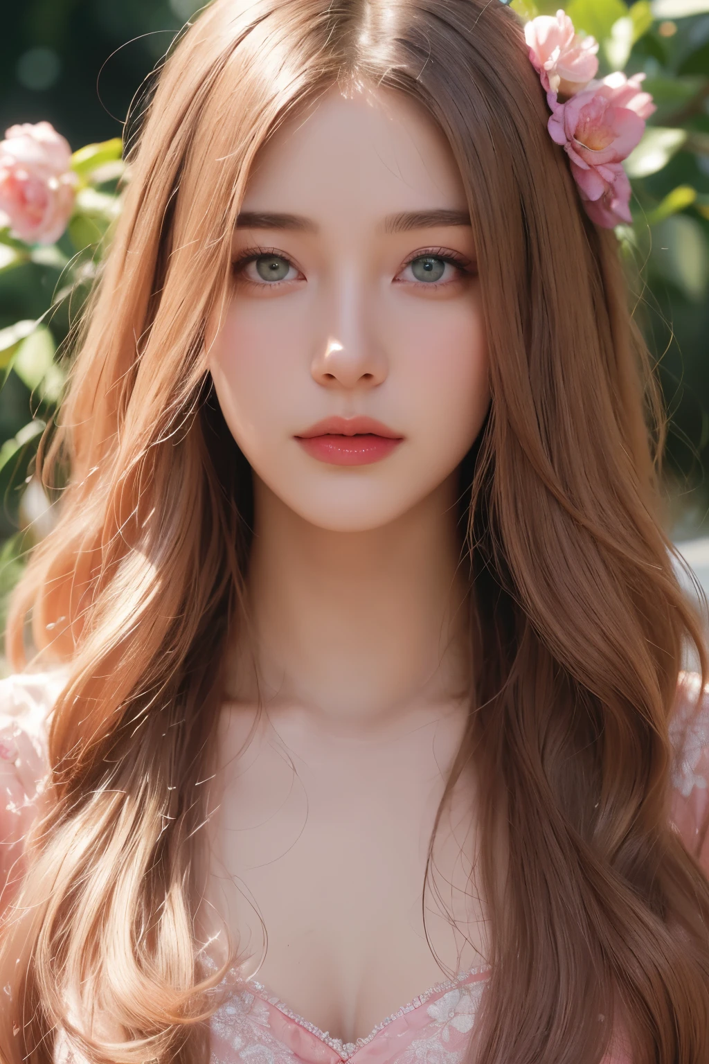 (absurdres, highres, ultra detailed), 1girl, mature female, layered pink hair, long hair, blunt bangs, green eyes, pink dress, finely detailed eyes and detailed face, extremely detailed CG unity 8k wallpaper, intricate details , kaleidoscopic imagery, symmetrical patterns, vibrant colors, geometric shapes, mesmerizing designs, optical illusions, dynamic composition , pantomime art, expressive body language, silent storytelling, evocative gestures, visual narratives, theatrical performances , blooming flowers, colorful petals, fragrant scents, nature's bounty, vibrant gardens, peaceful scenery