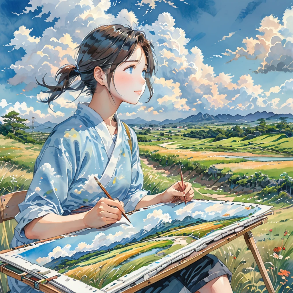 anime landscape, beautiful hair, boyfriend girlfriend sweet, looking at clouds, in a grassland, creative, realist, white clouds, blue sky, landscape amazing, guy looking away from camera, wide photo, japan manga style, sketching, Watercolor color