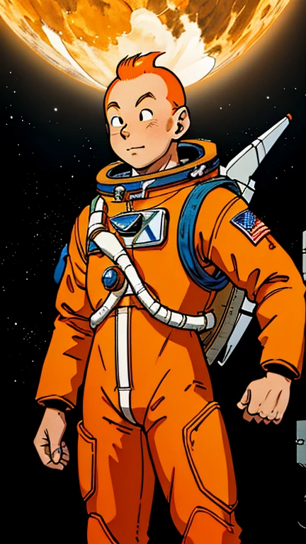 (Teens:1man: Tintin), (extremely detailed CG unit 8k wallpaper),(master part), (best quality), (ultra detali), (best illustration),(toriyama akira), cowboy shot, (Sharp eyeliner, ombre, detailed eyes:1),Dark midnight derelict spaceship interiors background, ,break , (astronaut in an orange space suit), upper body, short hair, orange hair