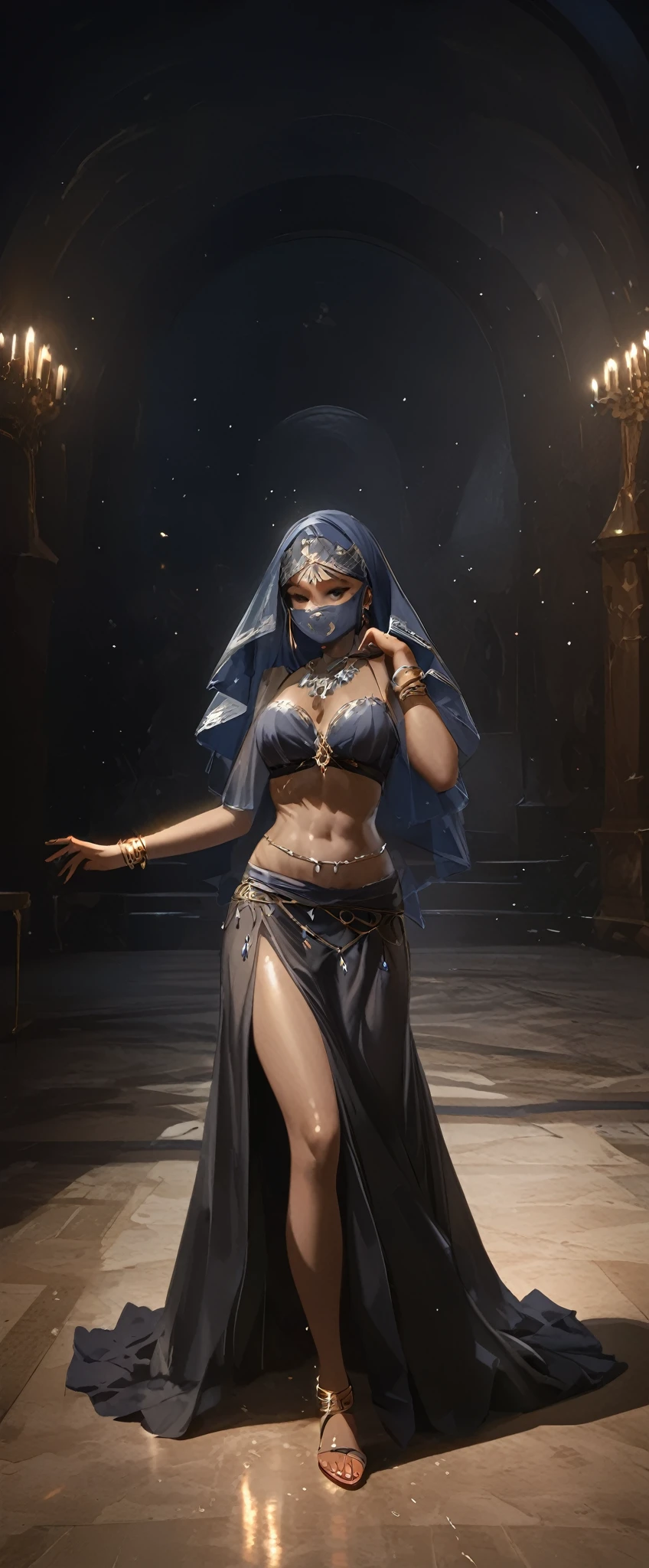 quality\(8k,wallpaper of extremely detailed CG unit, masterpiece,hight resolution,top-quality,top-quality real texture skin,hyper realisitic,increase the resolution,RAW photos,best qualtiy,highly detailed,the wallpaper,cinematic lighting,ray trace,golden ratio\), BREAK ,solo,1girl\(dancer\((Belly_dance:1.3),Raqs Sharqi\),Arabic,(face veil:1.7),dark skin, shiny skin, cleavage, wearing jewels, wearing bedlah\(belly_dance dress,beautiful\), crystal jewelry, smiling mouth under face veil, beautiful hair, long hair,floating hair,shiny hair, wavy hair, bracelets, necklace, earrings,wearing makeup\(eyeshadow,lips\),long eyelashes,(dynamic pose:1.3),motion blur,(abs),breast,beautiful dance,big eye,beautiful eye,shiny skin,smooth skin,slender,stirring\), BREAK ,background\(inside palace,(very dark:1.4), luxury, many shiny reflects\),(long shot:1.4),(wide shot:1.4),full body,(dynamic angle:1.4),long shot