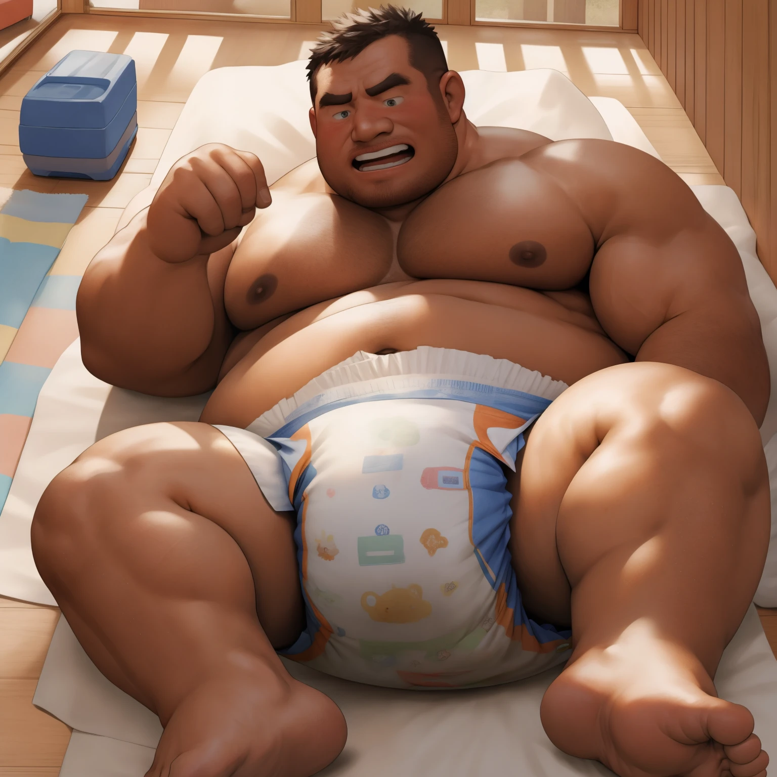 masterpiece, Top quality, in 32K, perfect anatomy, hyper detailed, photo realistic, super fine illustration, The thick man is a brutal prisoner, asian, retarded, human, 50yo in japan, Fatty muscle, (fatness:1.2), Bowleg, disappointment, incontinent, Diaper Open, shy, sobbing, weak, sissy, Round face, be diaper check by children, There is a small puddle under him, Naked, short legs, Bowleg, spread and lifting legs, wear a White cloth Diaper, White Diaper without pattern, Pampers, Bare belly, Bare legs, Bare foots, Bare soles, Shirtless, wide forehead and short thinning hair, round face with stubble, Bare foots, Bare soles, He enters nursery school and is despised by children, He is taken care of by the children at the nursery school, He surrounded by children in playpen, Bare foots, big butt, White Diaper, sobbing, There is a small puddle under him, sobbing, He is lying in baby crib in nursery, top view, open diaper, Diaper change