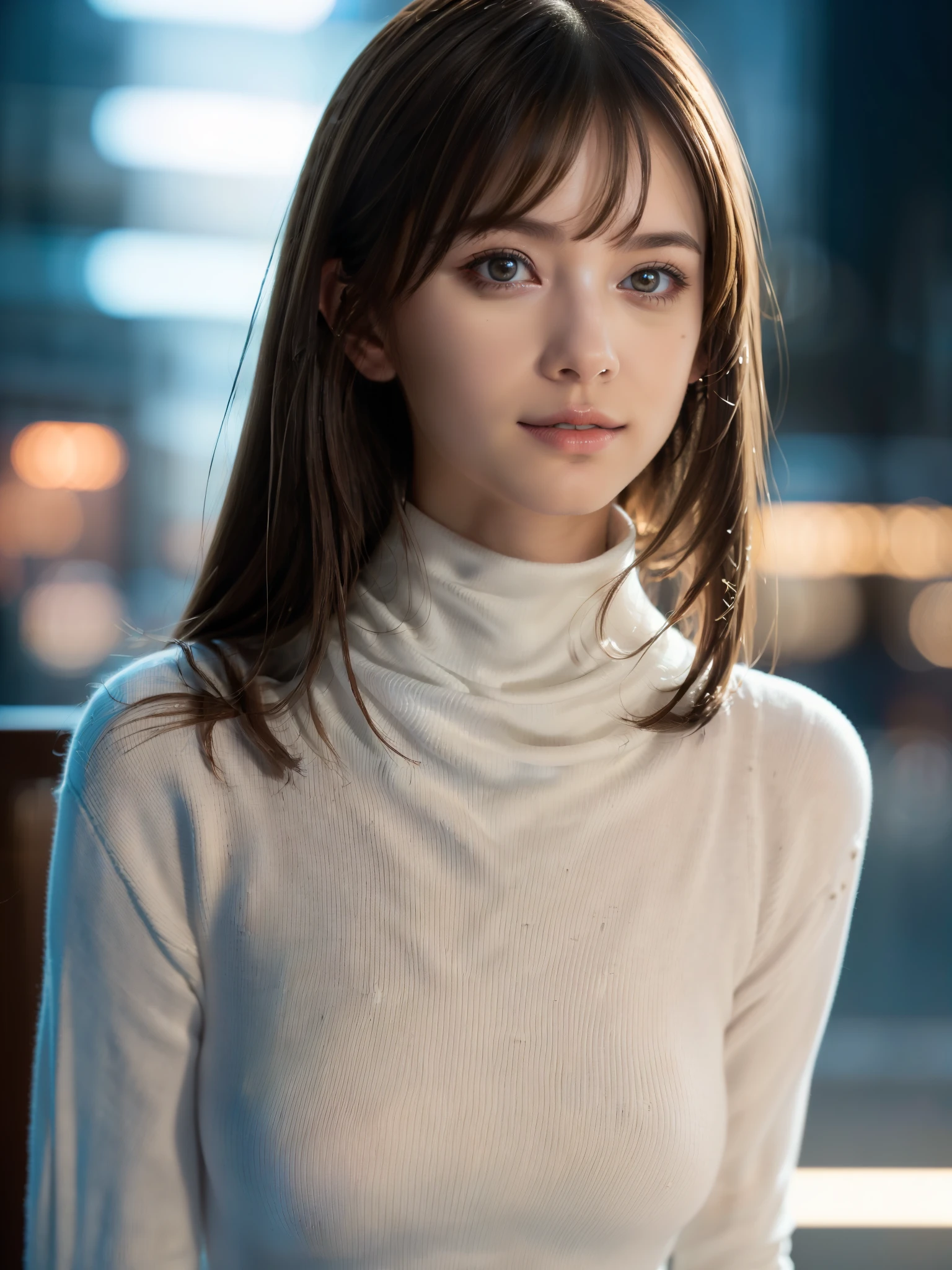 {(1 girl:18-year-old),(White turtleneck sweater:1.4)},
break,(RAW Photos, Highest quality), (Realistic, Photorealistic:1.4), Tabletop, Very delicate and beautiful, Very detailed, 8k wallpaper, ,, High resolution, Soft Light, {{Beautiful and detailed 19 year old girl, Very detailed目と顔, Beautiful and detailed nose, Beautiful and beautiful eyes}},
break,Cinema Lighting,City lights at night,Perfect Anatomy,Slender body,smile  (Dirty hair, Asymmetrical bangs, Light brown hair,)