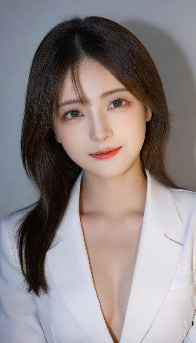 8k, Ultra-high resolution, Highest quality, masterpiece, 三分割法によるphotograph,Surreal, photograph, 1 girl, (:1.3), pretty girl, Cute Face, Beautiful eyes in every detail, 細かくdetailedに,masterpiece,One Girl:1.2, Japan Female Announcer,Tabletop,Glare,Black Hair,Slicked back hair,Blazer Uniform,White collared blouse,The chest buttons are open,Sharp focus、Perfect dynamic composition、Beautiful and detailed、Thin Hair、Realistic skin texture with attention to detail、smile、Close-up portrait、Model body type,Looking at the audience、beauty,Long neck、(((Ideal body type))),A-cup small breasts :2,、Portraiture:2、Perfect Anatomy、なdetailed、detailed、Surreal、Light and shadow,Strong light