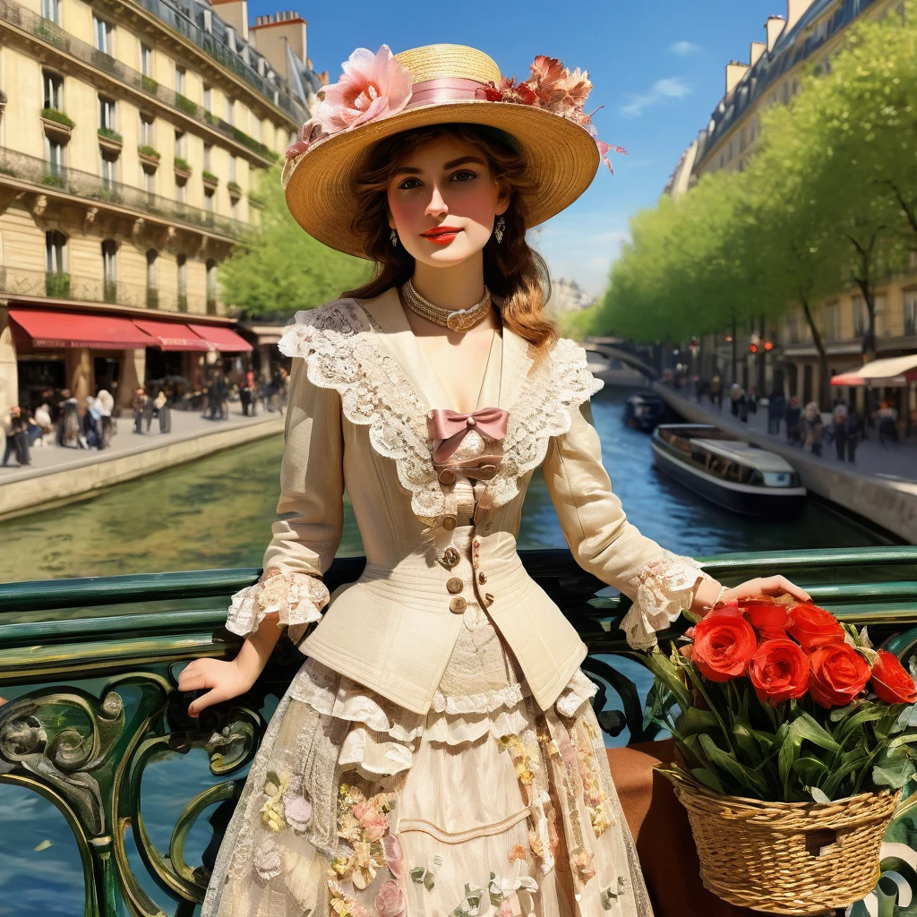 A painting of Paris in early 1913 under the sun during the Impressionist era, a realistic painting like the Impressionist masters Manet, Monet, Renoir, Cézanne, Degas and Berthe Morisot. ((A young woman, long dress, flowers and lace, boots, small round straw hat "boater" style like Maurice Chevalier or "Gabrielle Chanel" with ribbons and flowers:1.1)), very beautiful young, fresh face, magnificent, complex eyes, symmetrical features, dark made-up eyes, small nose, perfect, sometimes pouting lips, desirable, amiable, realistic feminine face, smiling, pure, lighting worthy of the painters Renoir, Manet, Monet, Cézanne, Impressionist paintings in summer. Background ((Paris, with its very wide Haussmann boulevards)), paintings in soft, warm pastel colors, some horse-drawn carriages, ((vintage automobiles)) like Decauville, Renault, Lozier, Panhard. Background view of the Eiffel Tower, generate well-drawn pedestrians with realistic, perfect, beautiful and sharp faces, frock coats, felt bowler hats, "boater" straw hats, top hats, some workers with caps, small trades, an image of a city before World War I with large Haussmann-style buildings on very wide, lively and dynamic boulevards. No cropped image, 32k, 3D, HD, oil_painting