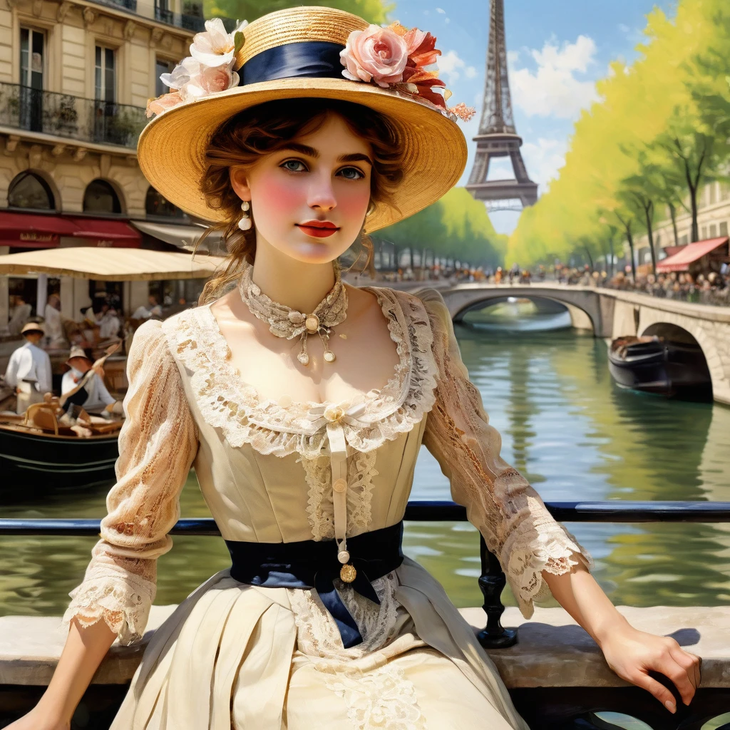 A painting of Paris in early 1913 under the sun during the Impressionist era, a realistic painting like the Impressionist masters Manet, Monet, Renoir, Cézanne, Degas and Berthe Morisot. ((A young woman, long dress, flowers and lace, boots, small round straw hat "boater" style like Maurice Chevalier or "Gabrielle Chanel" with ribbons and flowers:1.1)), very beautiful young, fresh face, magnificent, complex eyes, symmetrical features, dark made-up eyes, small nose, perfect, sometimes pouting lips, desirable, amiable, realistic feminine face, smiling, pure, lighting worthy of the painters Renoir, Manet, Monet, Cézanne, Impressionist paintings in summer. Background ((Paris, with its very wide Haussmann boulevards)), paintings in soft, warm pastel colors, some horse-drawn carriages, ((vintage automobiles)) like Decauville, Renault, Lozier, Panhard. Background view of the Eiffel Tower, generate well-drawn pedestrians with realistic, perfect, beautiful and sharp faces, frock coats, felt bowler hats, "boater" straw hats, top hats, some workers with caps, small trades, an image of a city before World War I with large Haussmann-style buildings on very wide, lively and dynamic boulevards. No cropped image, 32k, 3D, HD, oil_painting