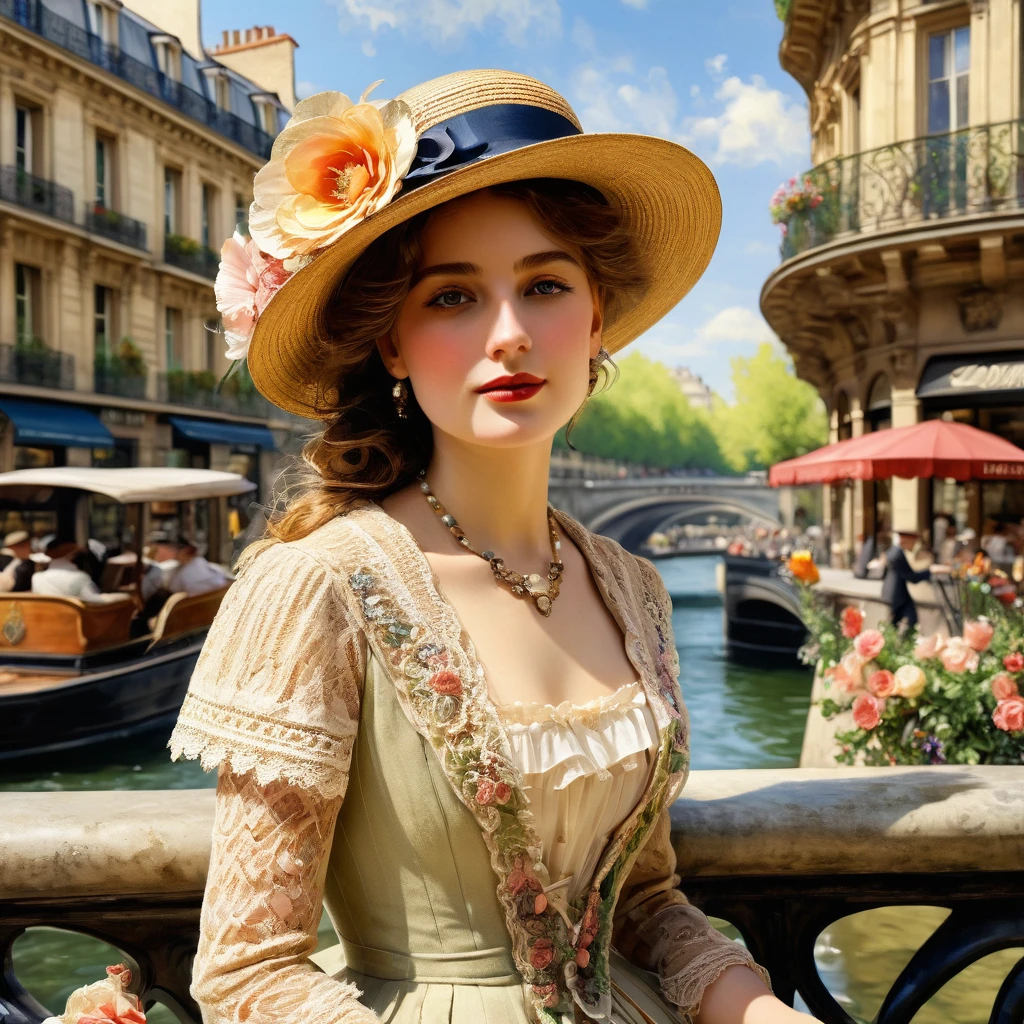 A painting of Paris in early 1913 under the sun during the Impressionist era, a realistic painting like the Impressionist masters Manet, Monet, Renoir, Cézanne, Degas and Berthe Morisot. ((A young woman, long dress, flowers and lace, boots, small round straw hat "boater" style like Maurice Chevalier or "Gabrielle Chanel" with ribbons and flowers:1.1)), very beautiful young, fresh face, magnificent, complex eyes, symmetrical features, dark made-up eyes, small nose, perfect, sometimes pouting lips, desirable, amiable, realistic feminine face, smiling, pure, lighting worthy of the painters Renoir, Manet, Monet, Cézanne, Impressionist paintings in summer. Background ((Paris, with its very wide Haussmann boulevards)), paintings in soft, warm pastel colors, some horse-drawn carriages, ((vintage automobiles)) like Decauville, Renault, Lozier, Panhard. Background view of the Eiffel Tower, generate well-drawn pedestrians with realistic, perfect, beautiful and sharp faces, frock coats, felt bowler hats, "boater" straw hats, top hats, some workers with caps, small trades, an image of a city before World War I with large Haussmann-style buildings on very wide, lively and dynamic boulevards. No cropped image, 32k, 3D, HD, oil_painting