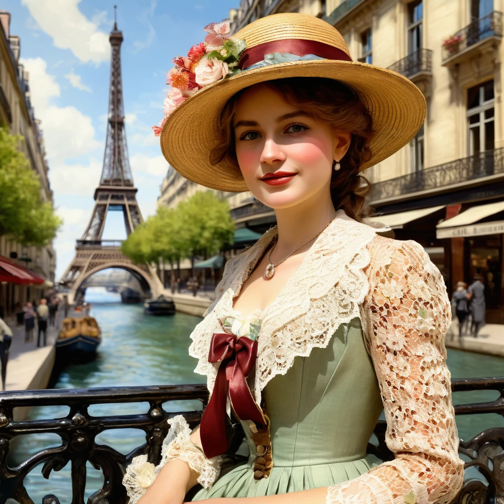 A painting of Paris in early 1913 under the sun during the Impressionist era, a realistic painting like the Impressionist masters Manet, Monet, Renoir, Cézanne, Degas and Berthe Morisot. ((A young woman, long dress, flowers and lace, boots, small round straw hat "boater" style like Maurice Chevalier or "Gabrielle Chanel" with ribbons and flowers:1.1)), very beautiful young, fresh face, magnificent, complex eyes, symmetrical features, dark made-up eyes, small nose, perfect, sometimes pouting lips, desirable, amiable, realistic feminine face, smiling, pure, lighting worthy of the painters Renoir, Manet, Monet, Cézanne, Impressionist paintings in summer. Background ((Paris, with its very wide Haussmann boulevards)), paintings in soft, warm pastel colors, some horse-drawn carriages, ((vintage automobiles)) like Decauville, Renault, Lozier, Panhard. Background view of the Eiffel Tower, generate well-drawn pedestrians with realistic, perfect, beautiful and sharp faces, frock coats, felt bowler hats, "boater" straw hats, top hats, some workers with caps, small trades, an image of a city before World War I with large Haussmann-style buildings on very wide, lively and dynamic boulevards. No cropped image, 32k, 3D, HD, oil_painting