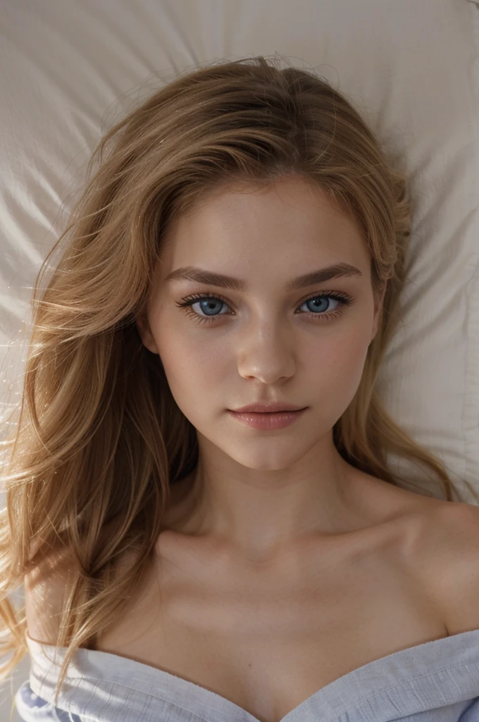 belle blonde en robe de nuit, nuit, chambre, allonger sur lit ( 22 ans, beau visage, visage innocent, cheveux blonde naturelle, yeux bleu), meilleur qualité, ultra détail, 4k