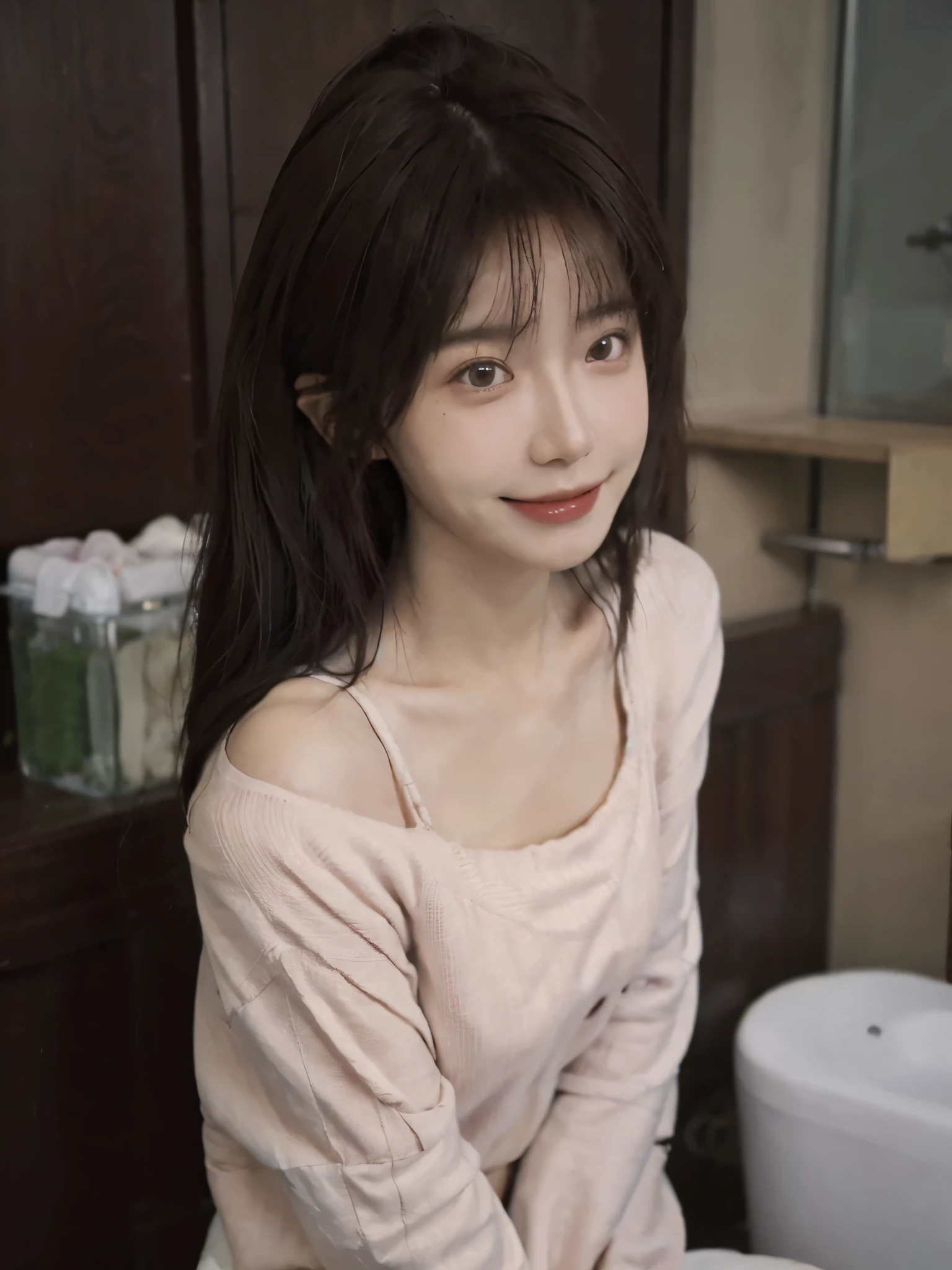 Best quality,Ultra-high resolution,(Realism:1.4),Cute hairpin,Baoyu Girl,1Girl,Beautiful woman with a slim figure:1.4,Abdominal muscles:1.1,(Brown hair,Mid-chest:1.3),pink long sweater:1.1,bathroom,Super delicate face,Exquisite eyes,Double eyelids,Smile