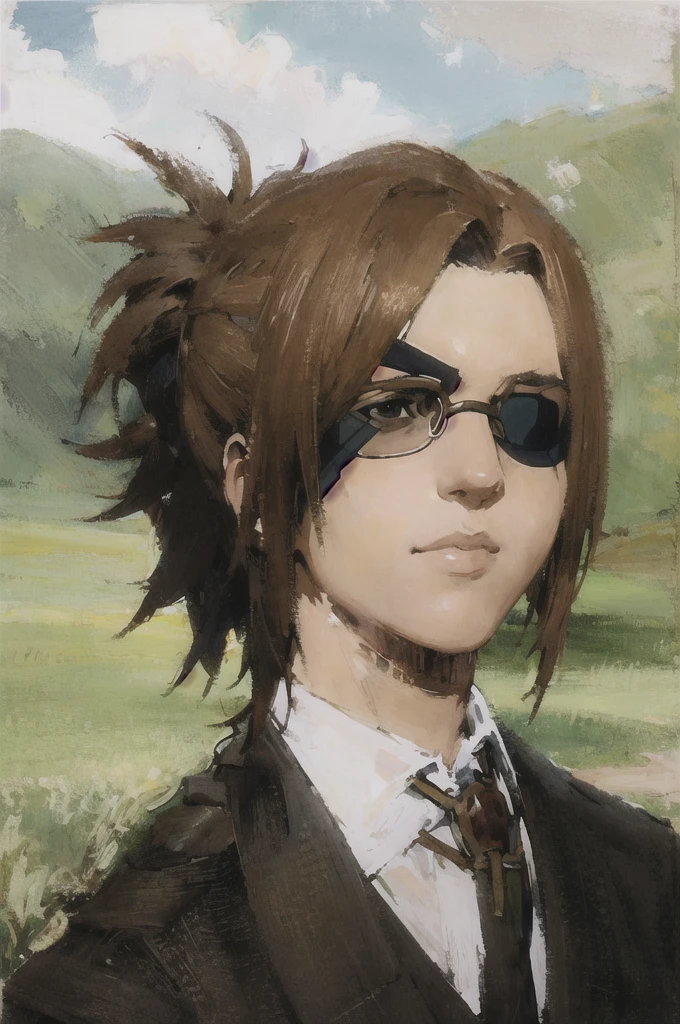 portrait of beautiful HangeAOT, 1girl, solo, brown_hair, glasses, eyepatch, Perfect black silk suit , Masterpiece ,Background of a realistic perfect green field, realistic hands , Detailed realistic painting, hd