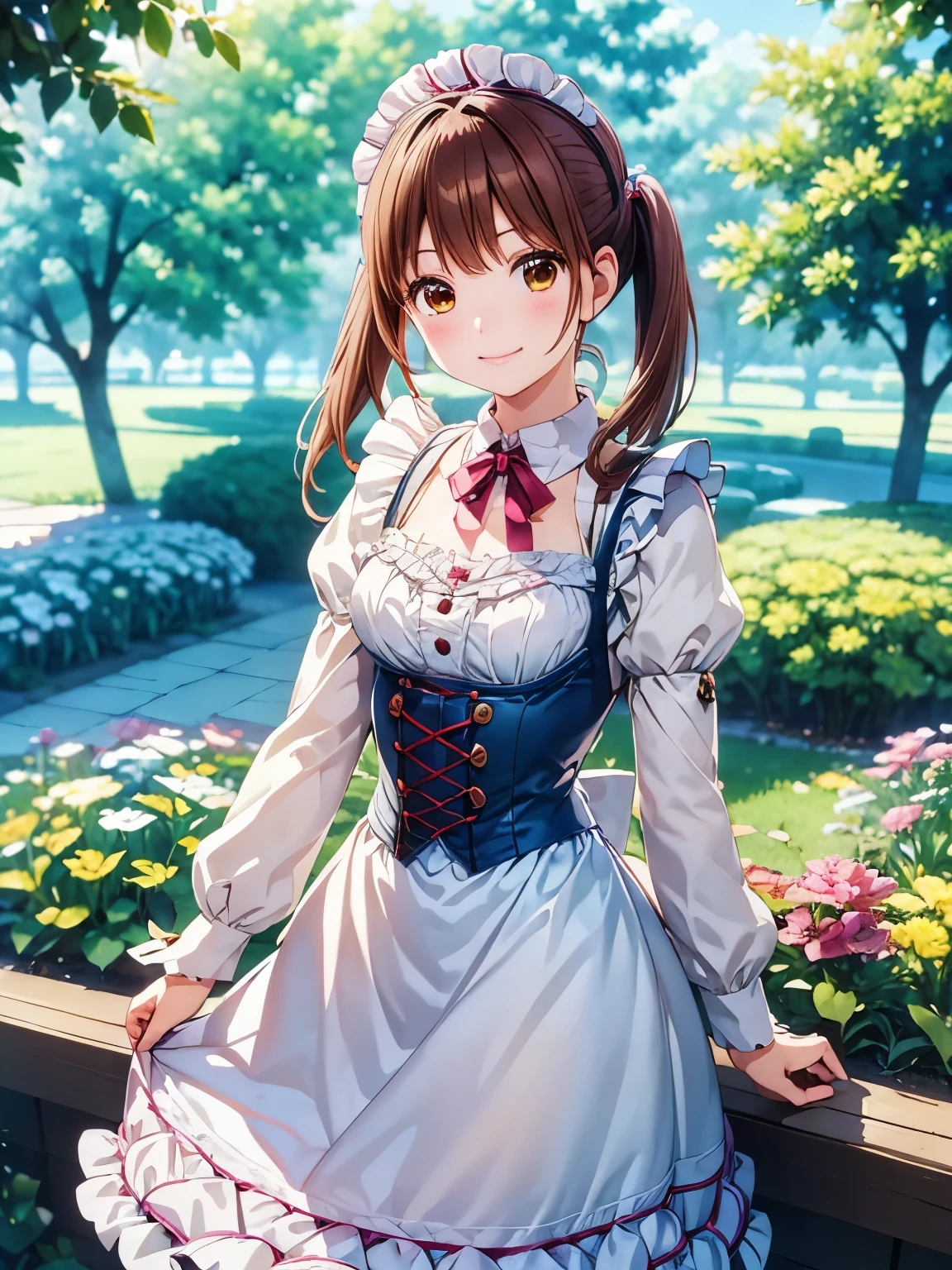 (masterpiece, Highest quality:1.2), One Girl、solo、Anime illustration style、garden、Mouth closed、uniform、One Girl, alone, Absolute reference to the center、Standing on the grass、Yamato, Brown Hair, Brown eyes, Medium Hair、Slightly low twintails、4Ｋ，8Ｋ,(Genuine、Genuine志向、写真Genuine志向：1.5）、High resolution、超High resolution、ultra high definition paintings、whole body、Cowboy Shot、Victorian maid clothes、Long skirt