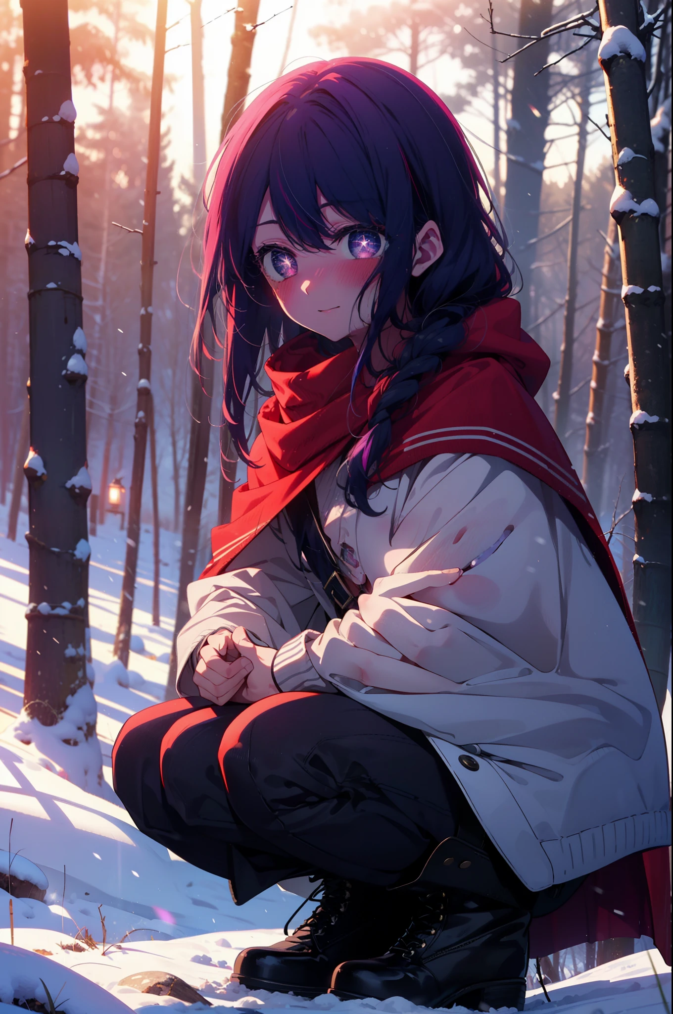 aihoshino, Ai Hoshino, Long Hair, bangs, (Purple eyes:1.1), Purple Hair, (Symbol-shaped pupil:1.5), smile,,smile,blush,white breath,
Open your mouth,snow,Ground bonfire, Outdoor, boots, snowing, From the side, wood, suitcase, Cape, Blurred, , forest, White handbag, nature,  Squat, Mouth closed, Cape, winter, Written boundary depth, Black shoes, red Cape break looking at viewer, Upper Body, whole body, break Outdoor, forest, nature, break (masterpiece:1.2), Highest quality, High resolution, unity 8k wallpaper, (shape:0.8), (Beautiful and beautiful eyes:1.6), Highly detailed face, Perfect lighting, Highly detailed CG, (Perfect hands, Perfect Anatomy),