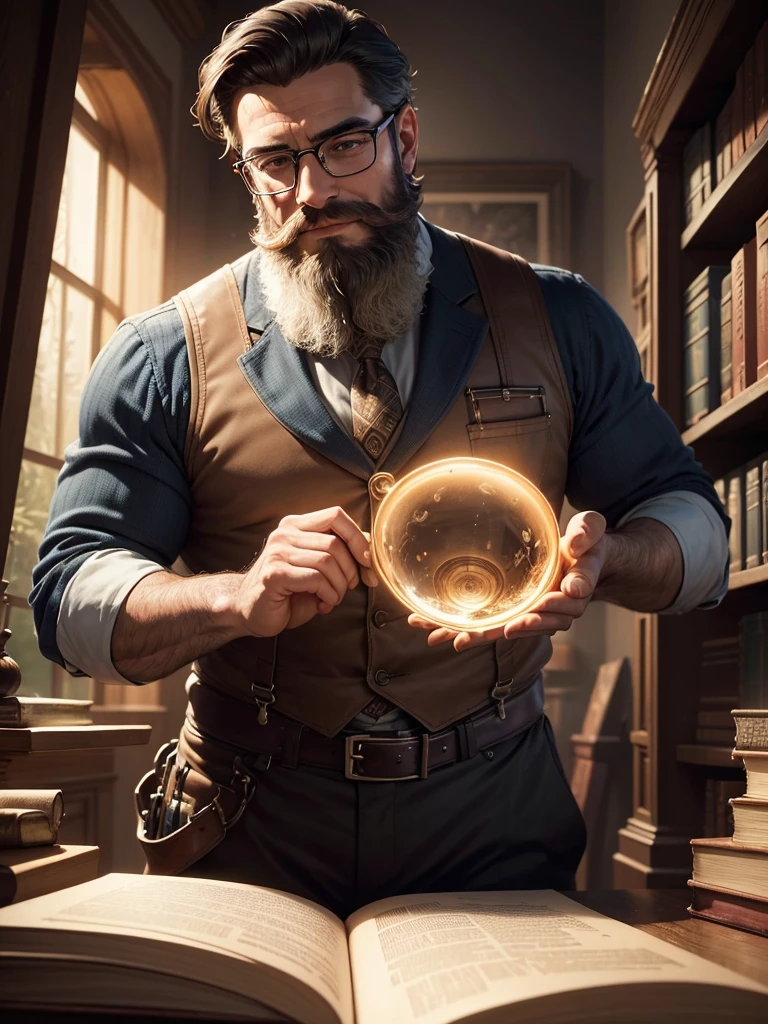 ((High quality)), ((work of art)), 8K, a charismatic librarian man with circular glasses and suspenders, sporting a well-groomed beard (barba), dark hair, and a warm smile, is the main focus of the image. In the background, an intriguing library tecnologic alchemy scene is subtly hinted at, adding depth and mystery to the piece. The hyperrealistic style is enhanced, making every detail incredibly sharp and defined. The perfectionism and award-winning realism are evident in the ambient lighting that softly illuminates the scene, providing a sense of depth and three-dimensionality.