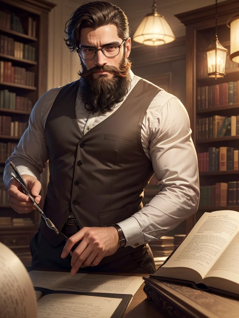 ((High quality)), ((work of art)), 8K, a charismatic librarian man with circular glasses and suspenders, sporting a well-groomed beard (barba), dark hair, and a warm smile, is the main focus of the image. In the background, an intriguing library tecnologic alchemy scene is subtly hinted at, adding depth and mystery to the piece. The hyperrealistic style is enhanced, making every detail incredibly sharp and defined. The perfectionism and award-winning realism are evident in the ambient lighting that softly illuminates the scene, providing a sense of depth and three-dimensionality.