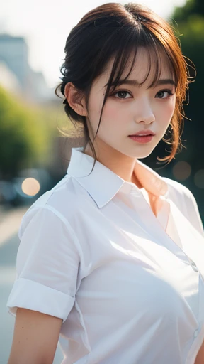 (8K,Highest quality,(masterpiece:1.2),(Realistic),(Realistic:1.37),Ultra-high resolution,One Woman,smile,((Big Breasts)),Beautiful Eyes,(((White shirt))),Perfect body,Perfect Fingers,Professional Lighting,gravure,Detailed face and skin texture,Fine grain,RAW Photos,SFW,Bokeh)