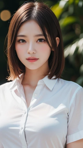 (8K,Highest quality,(masterpiece:1.2),(Realistic),(Realistic:1.37),Ultra-high resolution,One Woman,smile,((Big Breasts)),Beautiful Eyes,(((White shirt))),Perfect body,Perfect Fingers,Professional Lighting,gravure,Detailed face and skin texture,Fine grain,RAW Photos,SFW,Bokeh)