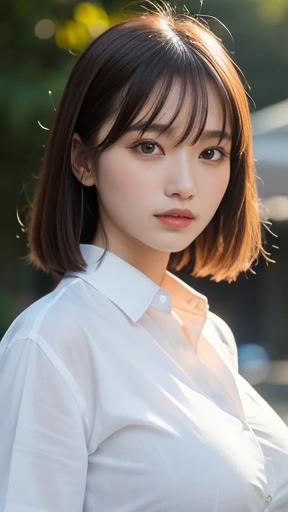 (8K,Highest quality,(masterpiece:1.2),(Realistic),(Realistic:1.37),Ultra-high resolution,One Woman,smile,((Big Breasts)),Beautiful Eyes,(((White shirt))),Perfect body,Perfect Fingers,Professional Lighting,gravure,Detailed face and skin texture,Fine grain,RAW Photos,SFW,Bokeh)