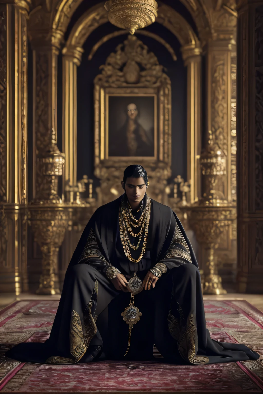 dark, mysterious and dramatic fantasy headshot of a young handsome south asian tyrannical ruler with glowing red eyes wearing black royal robes and ornate jewellery in a menacing dimly lit palace ((work of art)), ((best qualityer:1.2)), high resolution, 8k, (ultra_realisitic:1.3), (photorealisitic:1.4), cinematic, dynamic lighting, (detailed back ground), Depth of field, intrikate, 8k, skin detailed, (large pectorals:1), pectorals, abdomen, photo of a handsome man, Sexyroyalty, tails, jewerly, necklase, cape, bracelete, bracelet, ring, shorth hair, sitting in the throne, medieval castle indoors,
