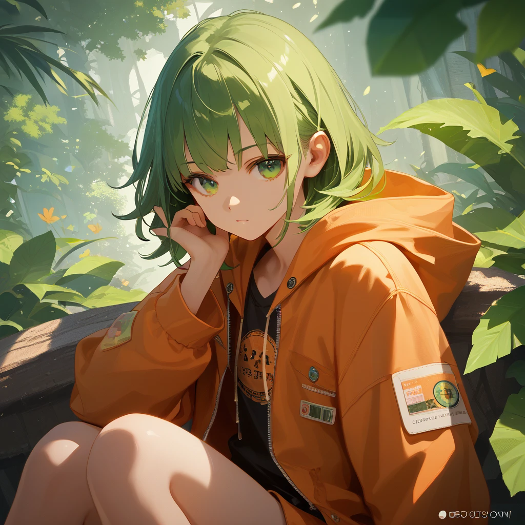 core_9, score_8_up, score_7_up, score_6_up, score_5_up, score_4_up, souce anime,,anime style,best quality,detailed (heir|eye),select and generate best screen effect),((1girl,long-deepgreen-hair,green-eyes,orange-hooded-jacket)),sitting over on viewer
