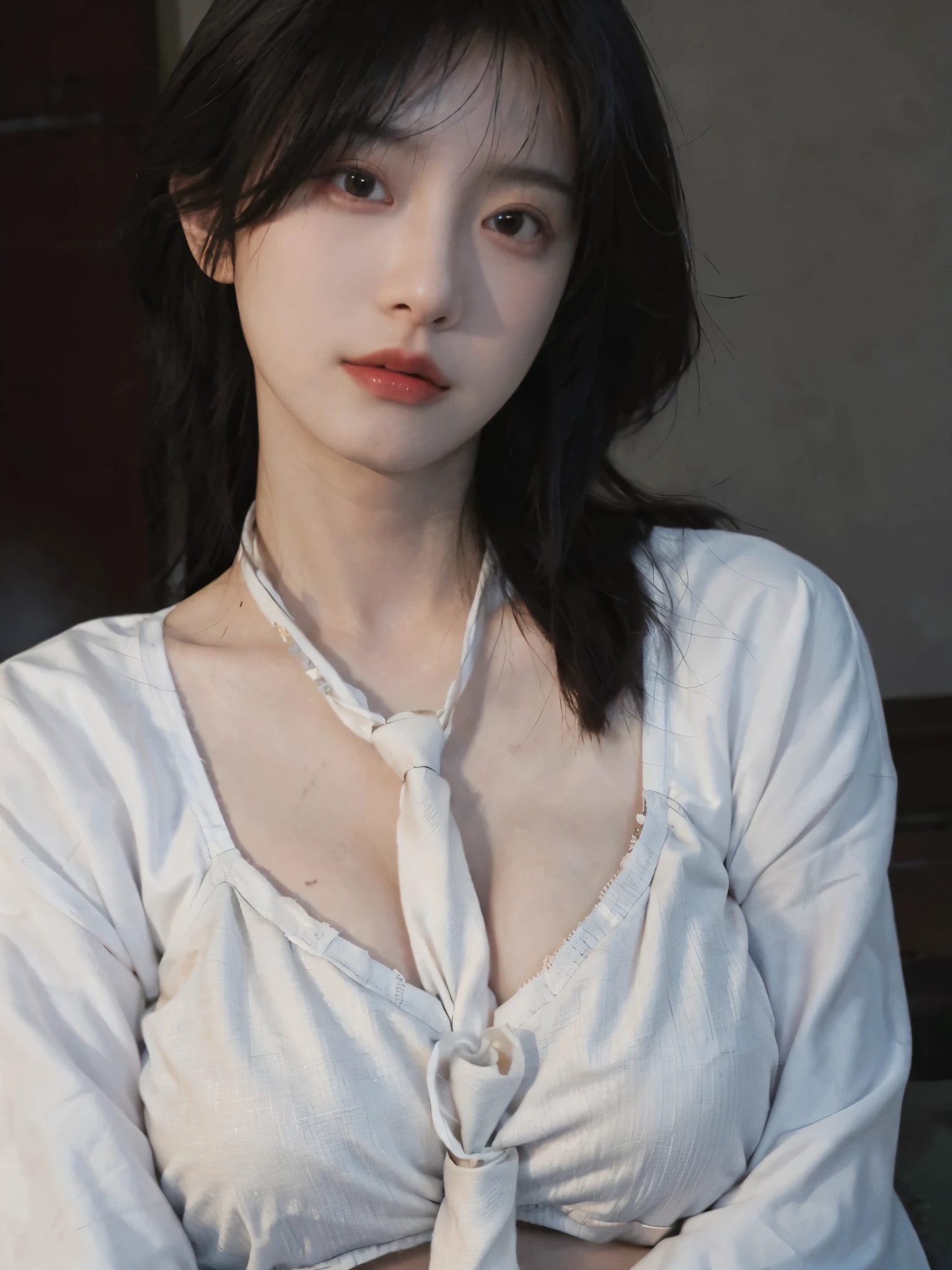 Best quality,masterpiece,ultra high res,(photorealistic:1.4),1girl,sexy,(shirt and tie:1.2),(bra:1.2),(large breast:1.3),(upper body:1.4)