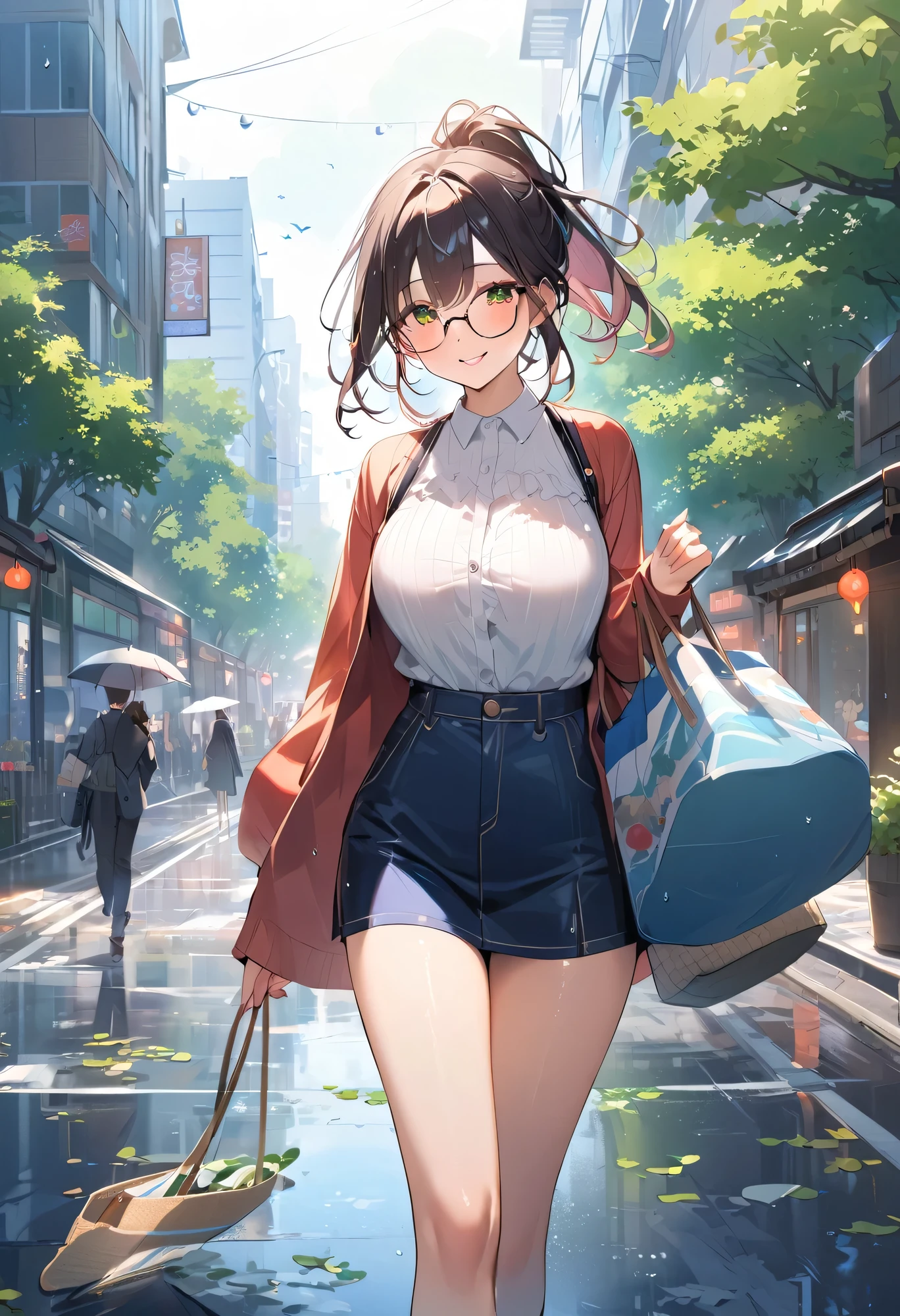 Highest quality、High resolution、Detailed Background、Artistic、mysterious、Beautiful face in every detail、Highly detailed face、Teenage beauty、Huge breasts、Perfect body line、Glasses、Light color hair、Bobcut、ponytail、Wavy Hairstyle、well-groomed eyebrows、A big smile、smile、Cityscape after the rain、
On the asphalt after the rain、Fresh green leaves are reflected、Wood in the valley between skyscrapers々The leaves sway as if taking a deep breath.、The rhythm of the raindrops changes into the chirping of birds, and the whole town becomes lively.、It's like a green oasis has appeared in the city's concrete jungle.、
The young leaves shine against the backdrop of the buildings, adding color to the urban landscape.、The air after the rain is cool and comfortable、The steam rising from the asphalt mixes with the refreshing scent of new green leaves.、Reflected in the windows of a skyscraper、Sky after the rain and green wood々It's vivid to the eye、
The hustle and bustle of the city is enveloped in the chirping of birds and the murmuring of streams.、It sounds somehow nostalgic、
wood々The sound of raindrops running down the leaves and the sound of feet walking on the wet road create a pleasant rhythm.、
The cityscape shines as if it has been reborn.、
My heart, which had been feeling suffocated, felt a great sense of relief when I saw this scenery.、
You can feel the power of nature even in the hustle and bustle of the city.、cute