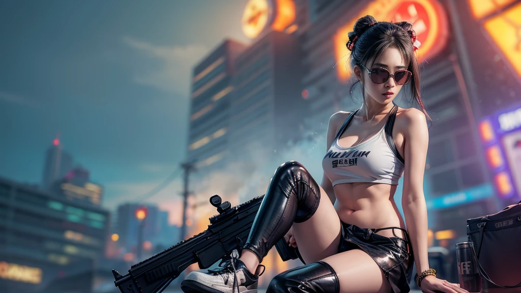 8k, Realistic Skin Texture, Realistic Photo, Neo Tokyo, slim women, large-breast:1.3 cleavage:1.2, AD2050 at night, Dirty hunting jacket, Wearing tube top, miniskirt, (((black sunglasses, automatic rifle, sneakers, cold, shooting pose, very low angle view))), Innovative composition, revenge, cyberpunk, blade runner worldview, Large neon sign, Geisha hologram sign, Strong Wakamoto Sign.