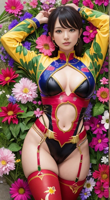 Floral、Super Sentai、Africa's Special Effects Heroines,French supermodel、Sex Battle、hero costume、Floralデザイン、Floralコスチューム、最高masterpiece、Ultra-high resolution,((Realistic Light, Highest quality, 8k, masterpiece :1.3)), Frank, One Girl, Beautiful woman with perfect figure :1.4, Stomach lick、lick、Baba、Beep beep beep, slurp