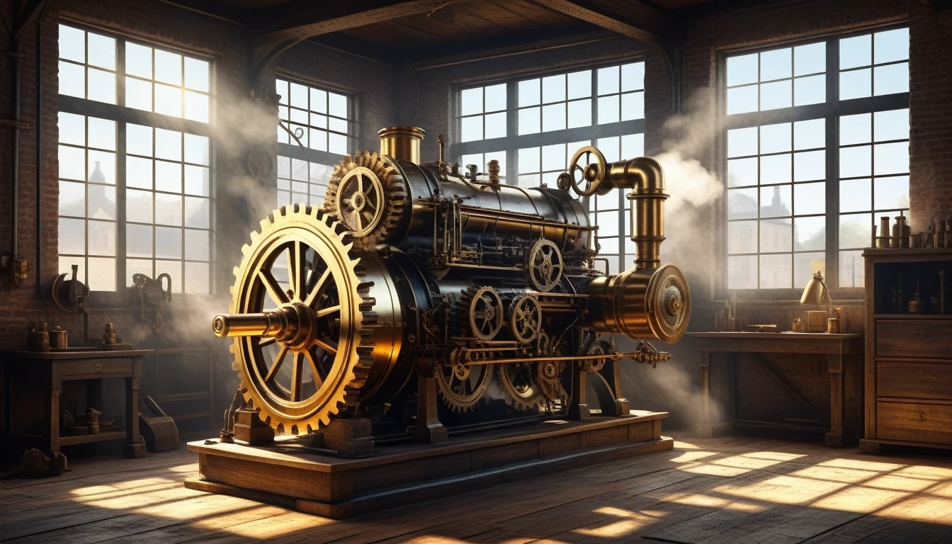 Watt's early steam engine, illustration, revolutionizing industry, featuring gears, pistons, polished brass components, set within a rustic 18th-century workshop, diffused sunlight pouring through a high window, casting long shadows, steam rising amidst the clanking sound of innovation, oil painting texture, historical ambiance, ultra-realistic, volumetric lighting.