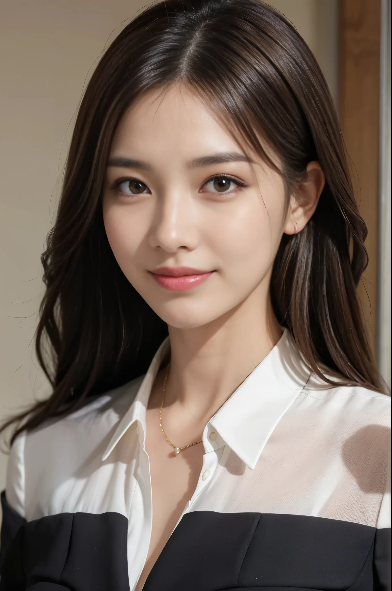 Tabletop、Highest quality、Genuine、Very detailed、finely、High resolution、8k wallpaper、One beautiful woman、、、light brown disheveled hair、Wear a business suit、Sharp focus、Perfect dynamic composition、Beautiful and detailed、Thin Hair、詳細なGenuineな肌の質感、smile、Close-up portrait、Model body type