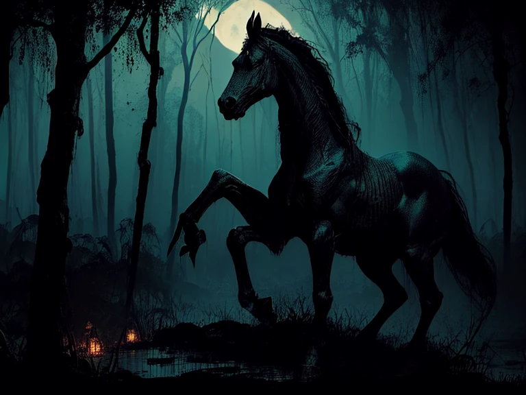 An eerie and sinister painting by Stefan Koidi of a stinky boggy swamp at midnight. A chorus of croaking bullfrogs and chirping insects travel loudly through the thick, hot and humid air as a full moon hangs low bathing the portentous scene in an ominous and haunting glow. Standing next to the waters edge is a large, malevolent black Kelpie horse; a trecheous water spirit creature from Scottish Celtic folklore. With its body faced forward, toward the water-it's head is turned slightly to its left, facing the viewer and glarring with an intense, piercing gaze from its vivid, glowing red eyes that instill feelings of unsurmountable terror and dread to all who meet the beasts' gaze. The horse Kelpie's flesh is rife with spots of sickening necrosis- large chunks of rotton flesh falling off and revealing leg bones, the ribcage, and a partially skeletal jawline. Twisted vines snake their way up crooked gnarled trees adorned with spanish moss and luminescent fungi clings to trunks of saturated trees, casting a baleful, sickly green glow upon the otherworldly place emphasizing the detailed horror elements, enhancing the haunting ambiance, creating a chilling scene.