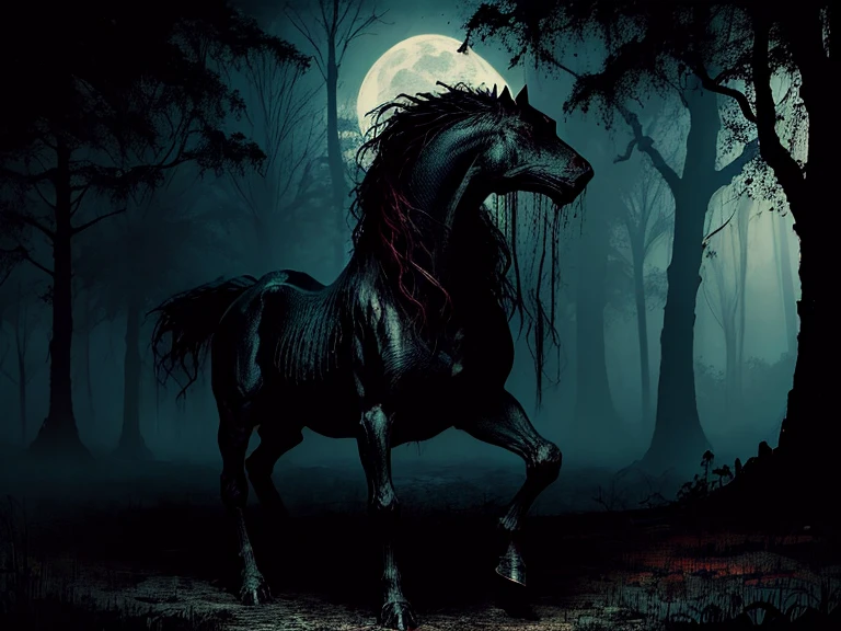 An eerie and sinister painting by Stefan Koidi of a stinky boggy swamp at midnight. A chorus of croaking bullfrogs and chirping insects travel loudly through the thick, hot and humid air as a full moon hangs low bathing the portentous scene in an ominous and haunting glow. Standing next to the waters edge is a large, malevolent black Kelpie horse; a trecheous water spirit creature from Scottish Celtic folklore. With its body faced forward, toward the water-it's head is turned slightly to its left, facing the viewer and glarring with an intense, piercing gaze from its vivid, glowing red eyes that instill feelings of unsurmountable terror and dread to all who meet the beasts' gaze. The horse Kelpie's flesh is rife with spots of sickening necrosis- large chunks of rotton flesh falling off and revealing leg bones, the ribcage, and a partially skeletal jawline. Twisted vines snake their way up crooked gnarled trees adorned with spanish moss and luminescent fungi clings to trunks of saturated trees, casting a baleful, sickly green glow upon the otherworldly place emphasizing the detailed horror elements, enhancing the haunting ambiance, creating a chilling scene.