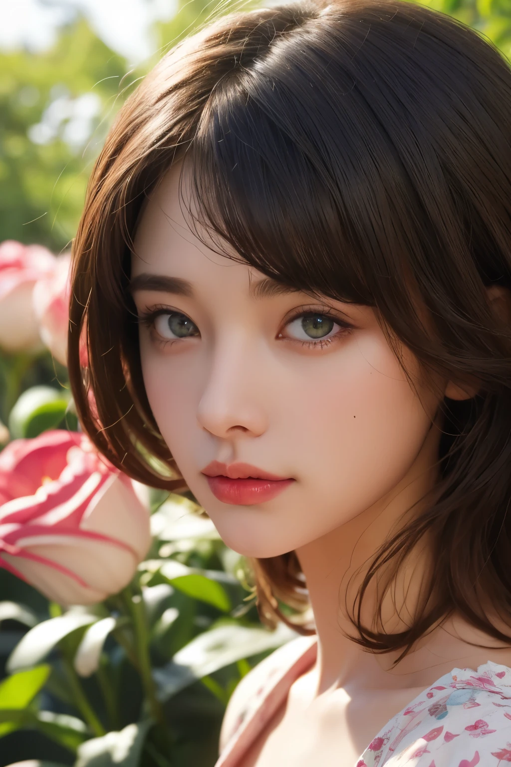 (absurdres, highres, ultra detailed), 1girl, mature female, dark brown hair, wolfcut hairstyle, blunt bangs, green eyes, pink dress, finely detailed eyes and detailed face, extremely detailed CG unity 8k wallpaper, intricate details , kaleidoscopic imagery, symmetrical patterns, vibrant colors, geometric shapes, mesmerizing designs, optical illusions, dynamic composition , pantomime art, expressive body language, silent storytelling, evocative gestures, visual narratives, theatrical performances , blooming flowers, colorful petals, fragrant scents, nature's bounty, vibrant gardens, peaceful scenery