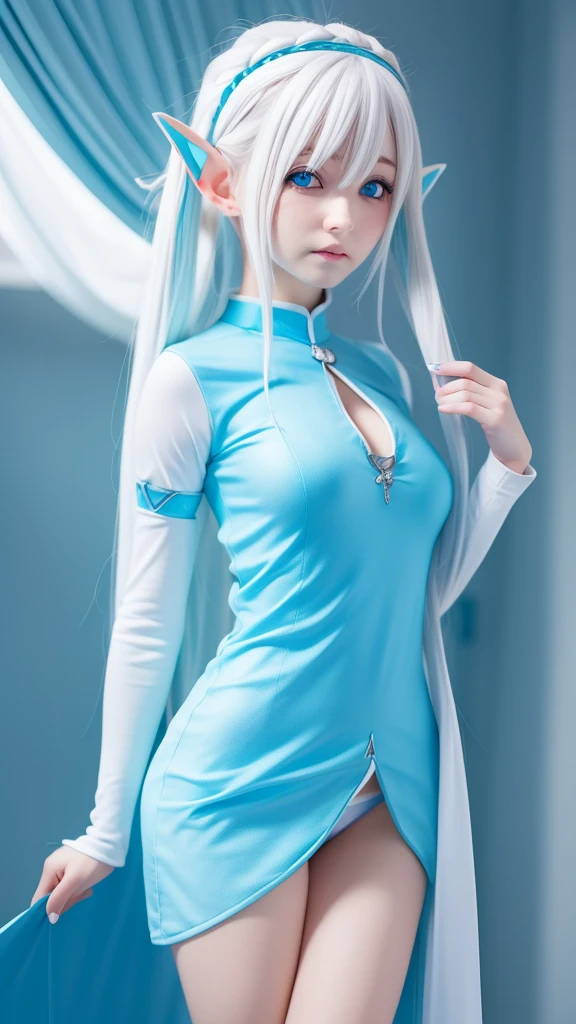 a woman with white hair and elf ears,with cyan blue eyes, (アニメ)