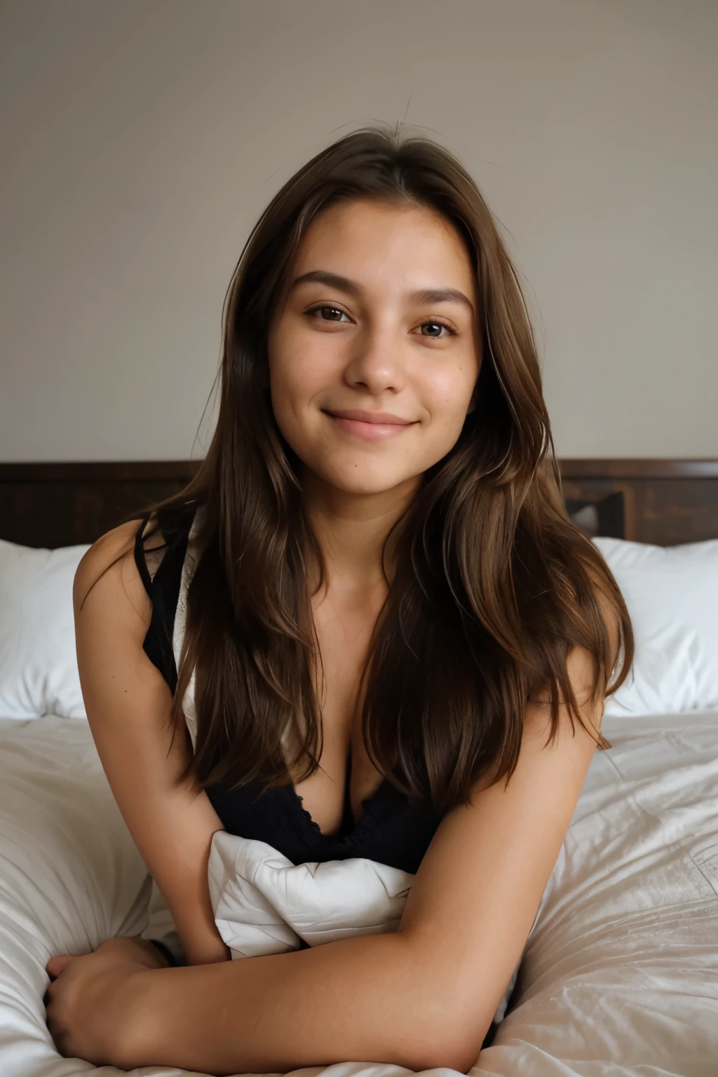 young below average woman, (calm facial expression) ultra textured skin, brown hair, perfect brown eyes, perfect skin, face is looking in camera, modern apartment in the background, shy pose, lying on the bed, white big and comfort bed with many pillows, dynamic lighting, cinematic, perfect shy smile