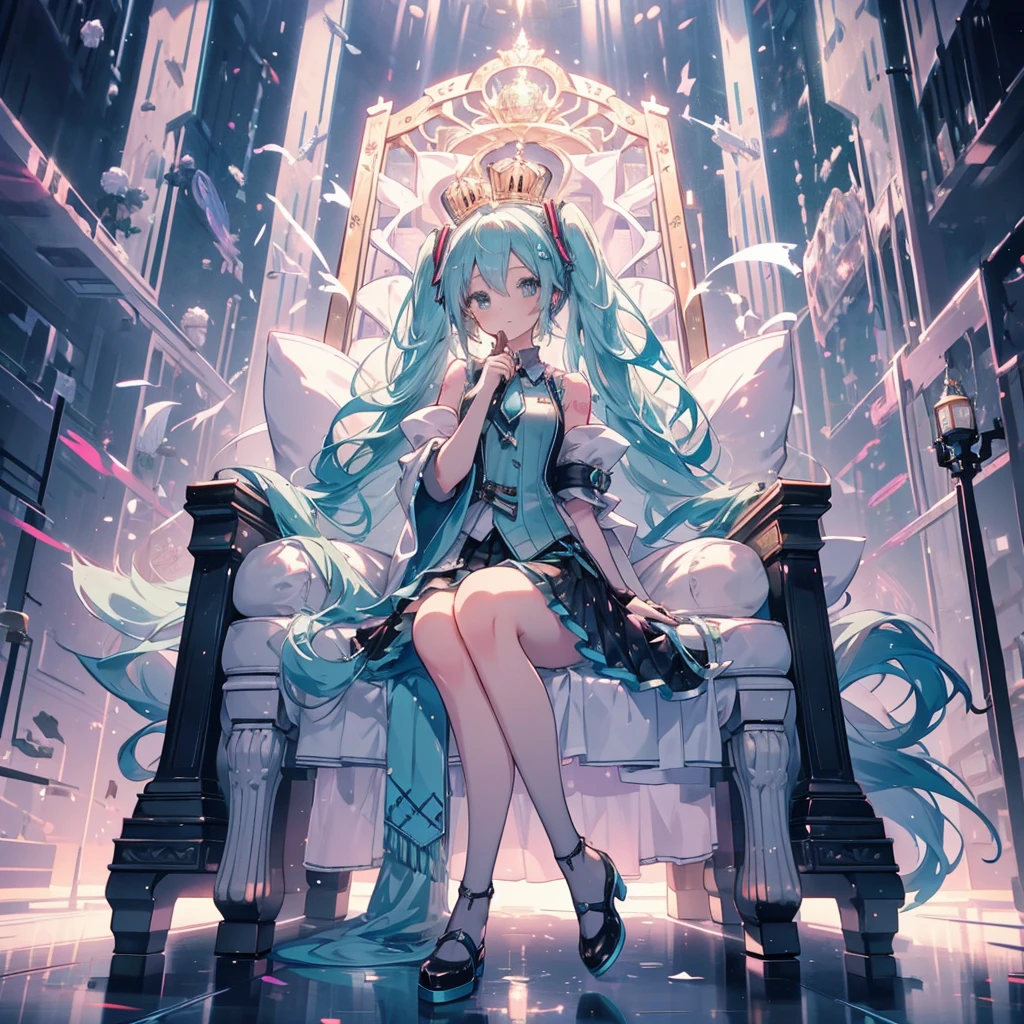 One girl, hatsune miku, Princess Costumes, Crown, Money, ((Throne)), Inside the castle, middle ages, Wearing a blue vest, Put one foot on the ground, The calf of the other leg is facing outward, hold the microphone with one hand, Put your other hand over your eye, White Background