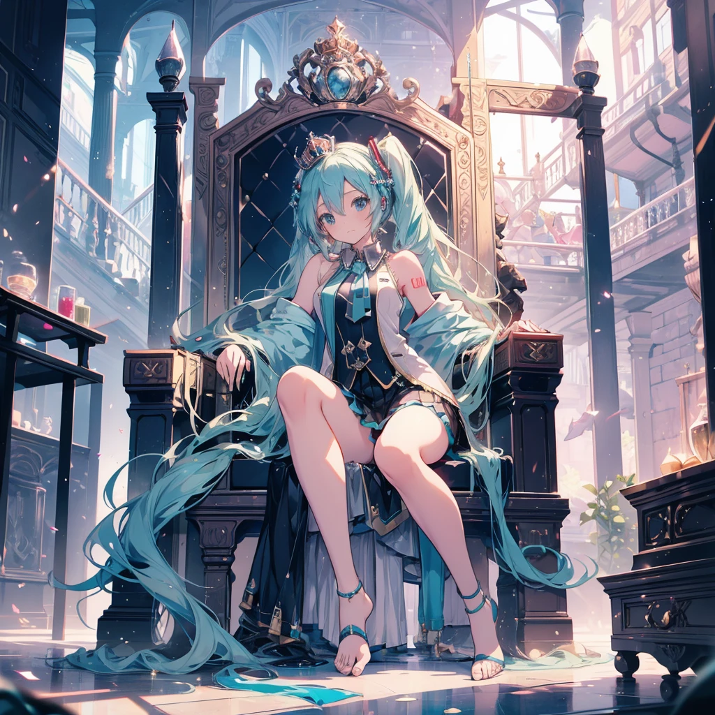 One girl, hatsune miku, Princess Costumes, Crown, Money, ((Throne)), Inside the castle, middle ages, Wearing a blue vest, Put one foot on the ground, The calf of the other leg is facing outward, hold the microphone with one hand, Put your other hand over your eye, White Background