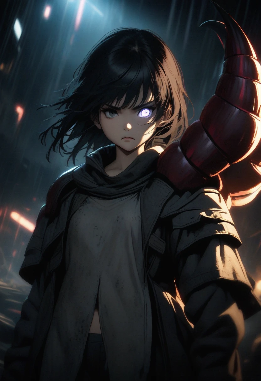 a serious black haired girl, flat chest, monster claws, one mutated eye, wearing damp rag, cinematic lighting, sci-fi, moody, dramatic