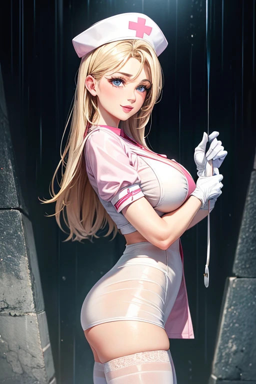 Best Quality,ultra detailed,portrait,professional,Lucy Pinder,blonde nurse costume,vivid colors,beautiful detailed eyes,beautiful detailed lips,Turning on:Suave,neutral nurse, nurse uniform, Nurse Cap, white items, ((white tights, The Great Passage)), white gloves, by rubio, blue eyes, pink lipsticks, smile, standing, sharp contour, short sleeves, a mature female, 35 years, Best Quality, masterpiece, Nursing, How does the chest show?, chest escaping, rain on the face, pose sensual, tit visible