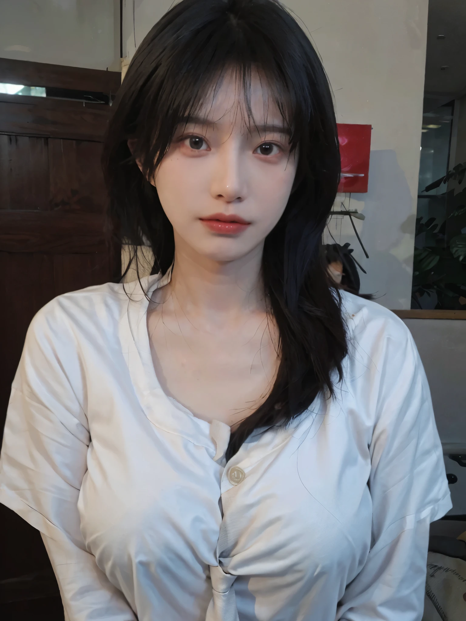 Best quality,masterpiece,ultra high res,(photorealistic:1.4),1girl,sexy,(shirt and tie:1.2),(bra:1.2),(large breast:1.3),(upper body:1.4)