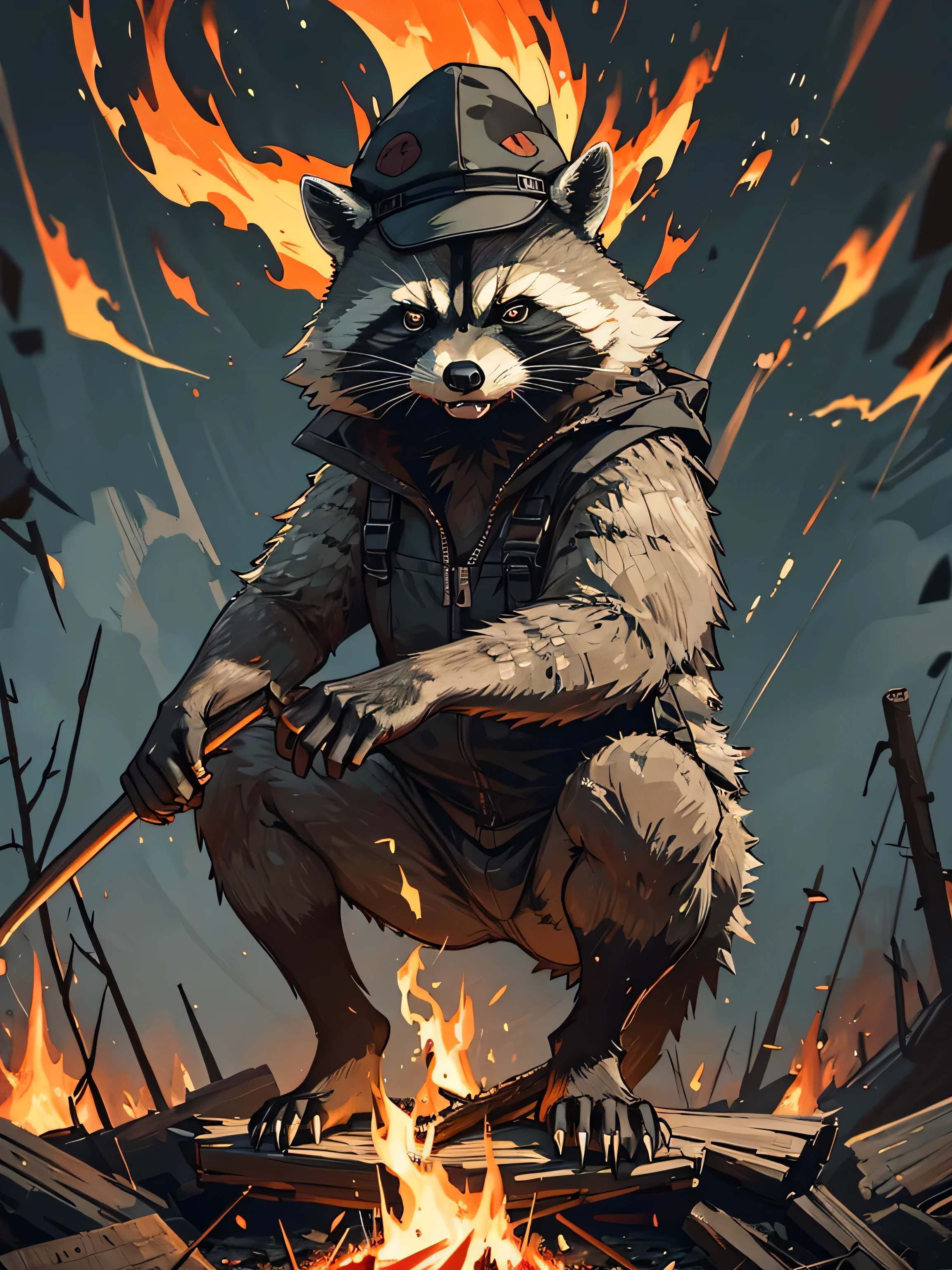 rage racoon illustration, angry face, campfire, wearing black bicycle cap, full body shot, 8K, Hi-Res, UltraSharp