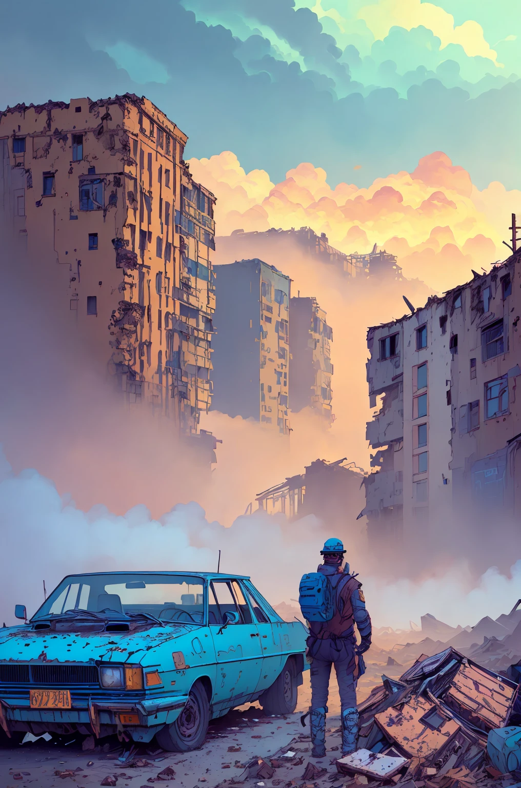 a man in a desolate post-apocalyptic town, apocalyptic, photorealistic, masterpiece, highly detailed, hyperrealistic, cinematic lighting, dramatic atmosphere, gritty, desaturated color palette, environmental details, crumbling buildings, abandoned cars, overgrown vegetation, cloudy sky, dramatic lighting, post-apocalyptic landscape, cinematic composition, photo-real, 8k, best quality, ultra-detailed