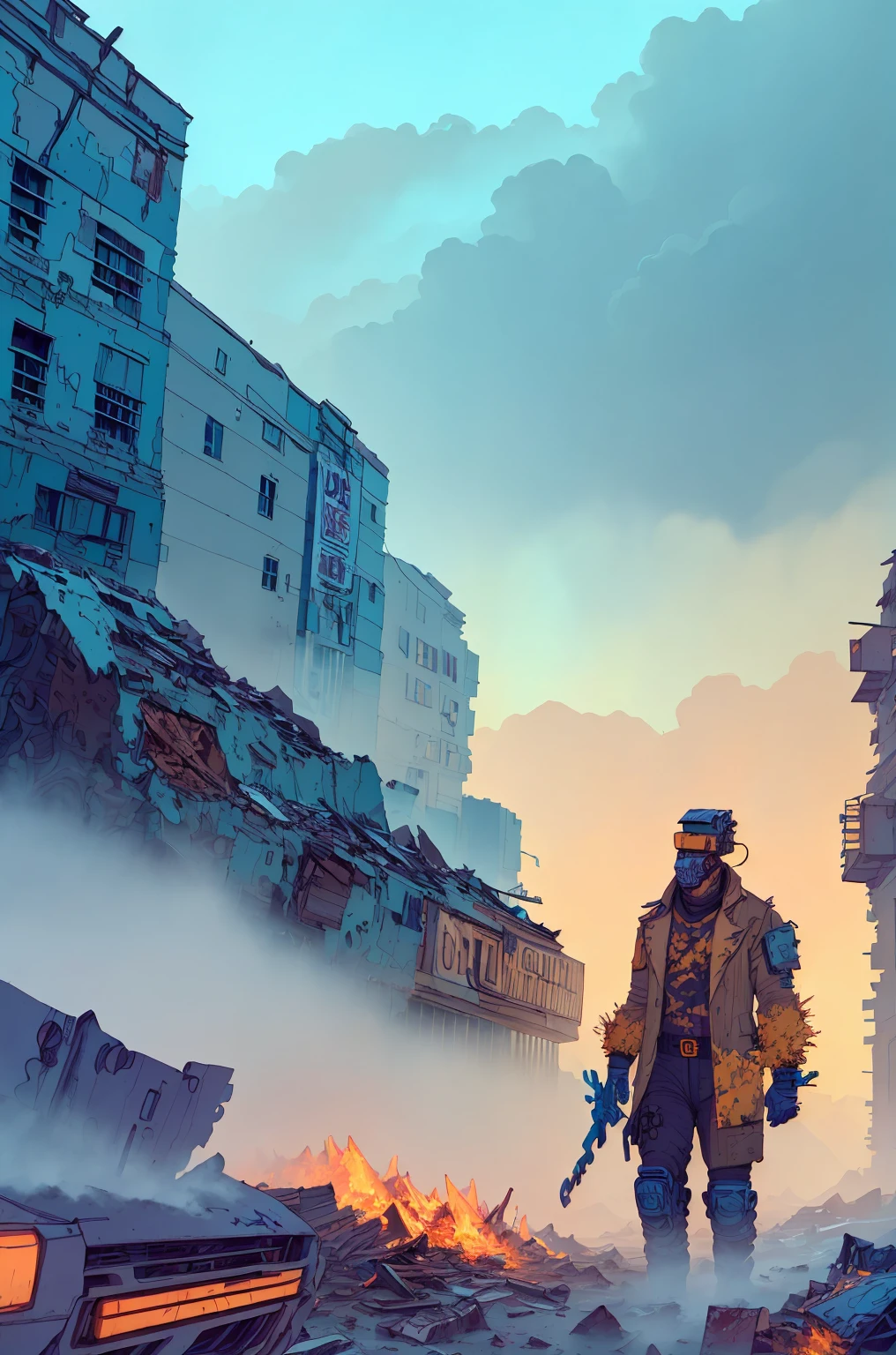 a man in a desolate post-apocalyptic town, apocalyptic, photorealistic, masterpiece, highly detailed, hyperrealistic, cinematic lighting, dramatic atmosphere, gritty, desaturated color palette, environmental details, crumbling buildings, abandoned cars, overgrown vegetation, cloudy sky, dramatic lighting, post-apocalyptic landscape, cinematic composition, photo-real, 8k, best quality, ultra-detailed
