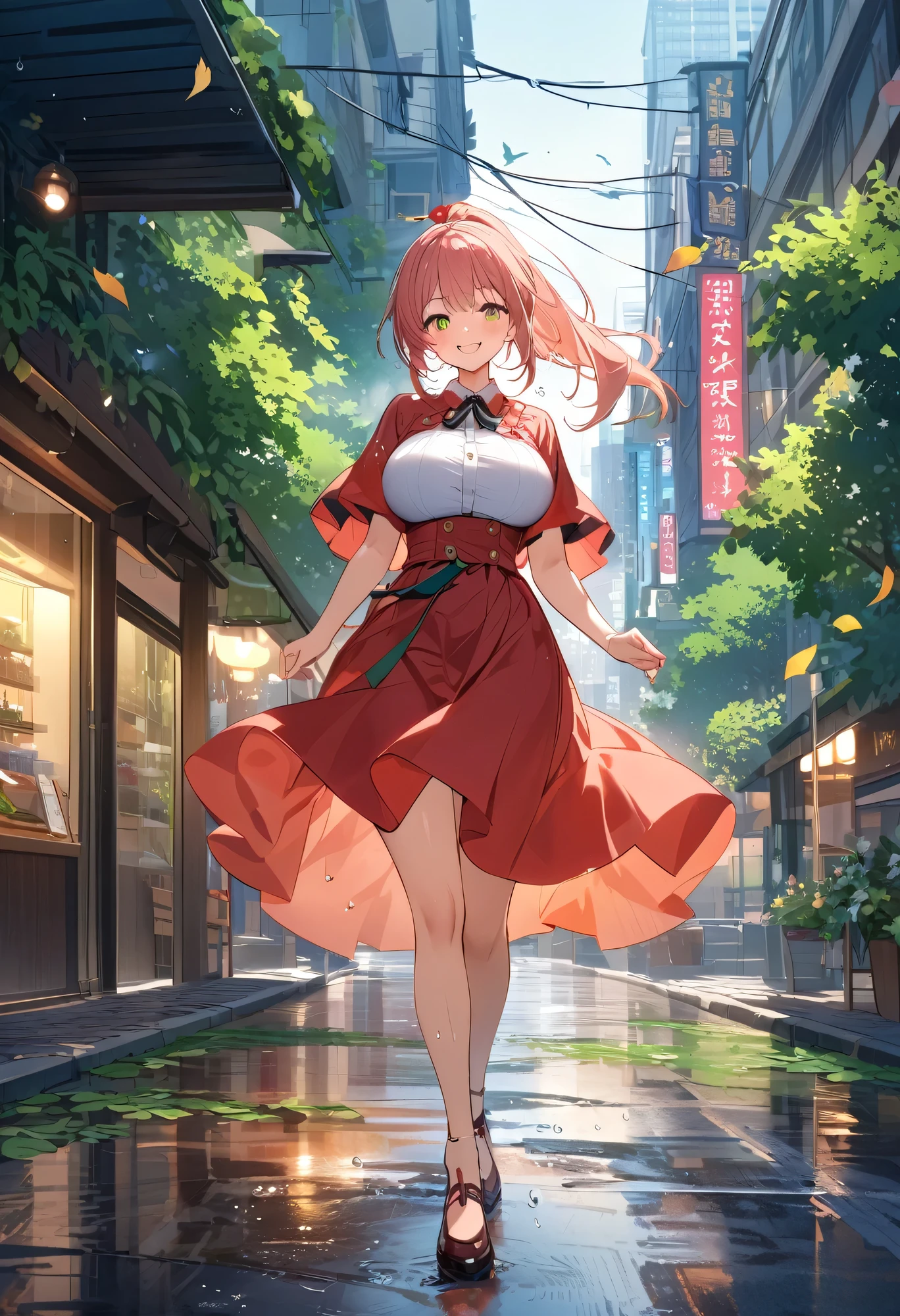 Highest quality、High resolution、Detailed Background、Artistic、mysterious、Beautiful face in every detail、Highly detailed face、Teenage beauty、Huge breasts、Perfect body line、Glasses、Light color hair、Bobcut、ponytail、Wavy Hairstyle、well-groomed eyebrows、A big smile、smile、Cityscape after the rain、
On the asphalt after the rain、Fresh green leaves are reflected、Wood in the valley between skyscrapers々The leaves sway as if taking a deep breath.、The rhythm of the raindrops changes into the chirping of birds, and the whole town becomes lively.、It&#39;s like a green oasis has appeared in the city&#39;s concrete jungle.、
The young leaves shine against the backdrop of the buildings, adding color to the urban landscape.、The air after the rain is cool and comfortable、The steam rising from the asphalt mixes with the refreshing scent of new green leaves.、Reflected in the windows of a skyscraper、Sky after the rain and green wood々It&#39;s vivid to the eye、
The hustle and bustle of the city is enveloped in the chirping of birds and the murmuring of streams.、It sounds somehow nostalgic、
wood々The sound of raindrops running down the leaves and the sound of feet walking on the wet road create a pleasant rhythm.、
The cityscape shines as if it has been reborn.、
My heart, which had been feeling suffocated, felt a great sense of relief when I saw this scenery.、
You can feel the power of nature even in the hustle and bustle of the city.、cute